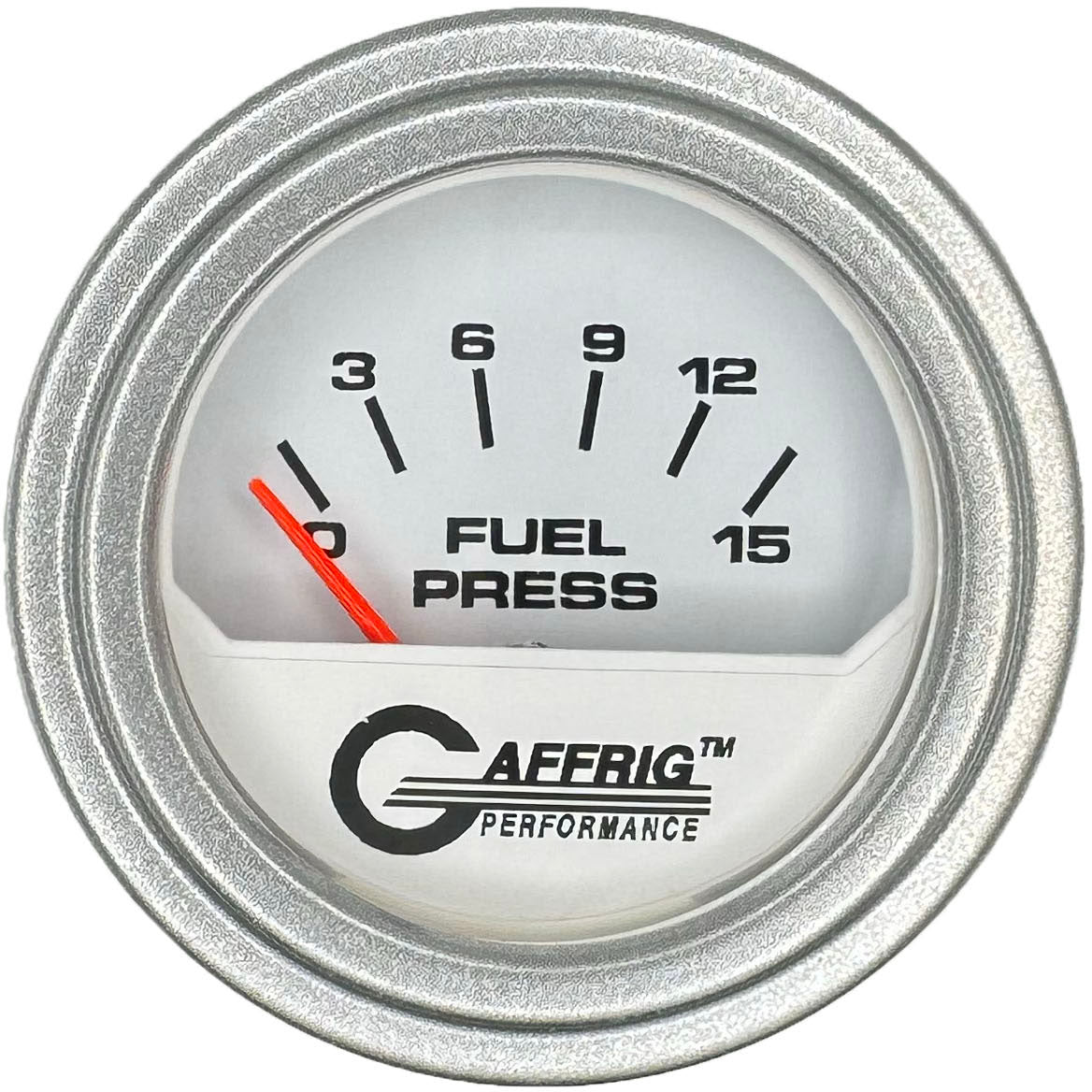 GAFFRIG PART #195506 2 INCH ELECTRIC FUEL PRESS. GAUGE 0-15 PSI WHITE PLATINUM / STEP RIM