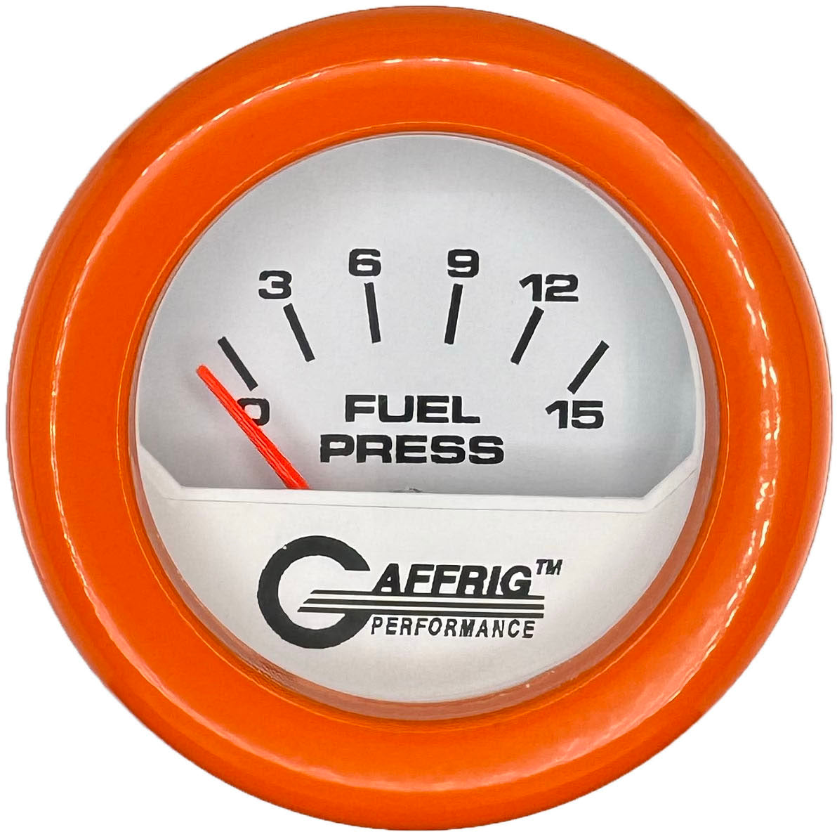 GAFFRIG PART #195506 2 INCH ELECTRIC FUEL PRESS. GAUGE 0-15 PSI WHITE ORANGE / STEP RIM