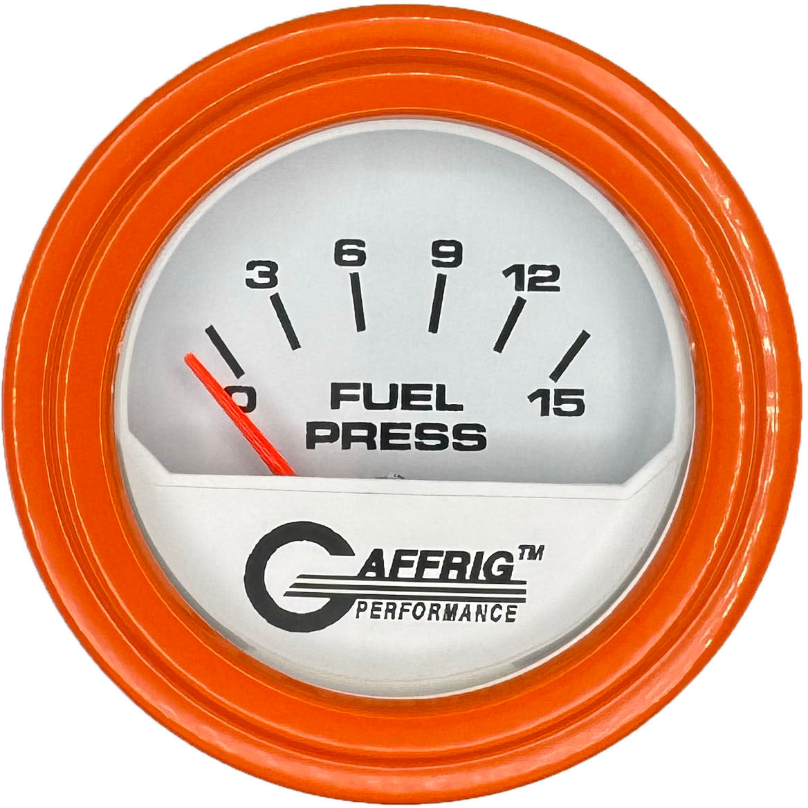 GAFFRIG PART #195506 2 INCH ELECTRIC FUEL PRESS. GAUGE 0-15 PSI WHITE ORANGE / STEP RIM