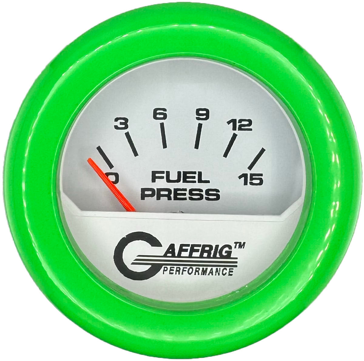 GAFFRIG PART #195506 2 INCH ELECTRIC FUEL PRESS. GAUGE 0-15 PSI WHITE LIME GREEN / STEP RIM