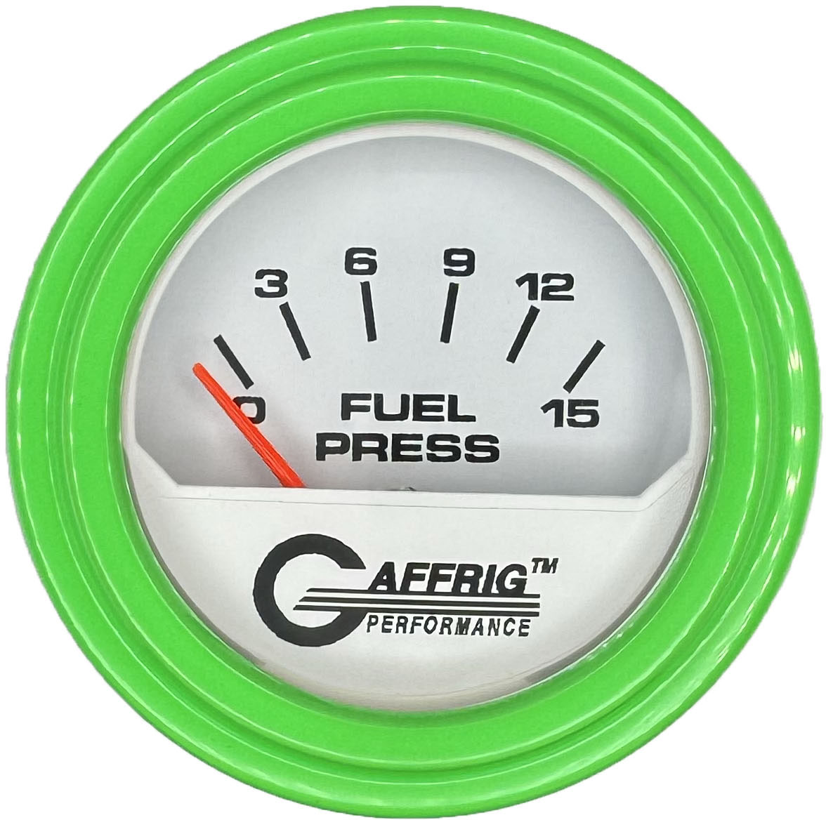 GAFFRIG PART #195506 2 INCH ELECTRIC FUEL PRESS. GAUGE 0-15 PSI WHITE LIME GREEN / STEP RIM