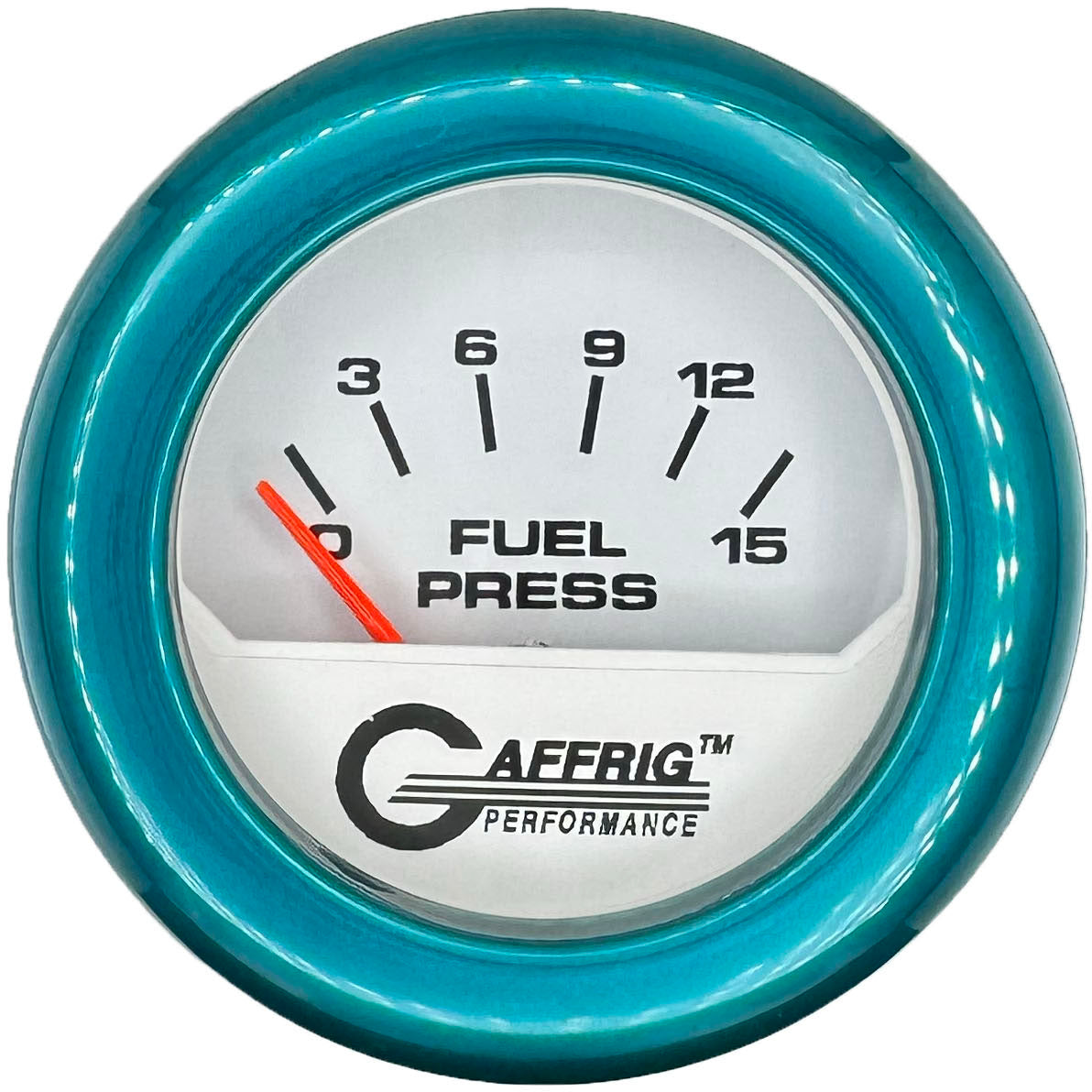 GAFFRIG PART #195506 2 INCH ELECTRIC FUEL PRESS. GAUGE 0-15 PSI WHITE TEAL / STEP RIM