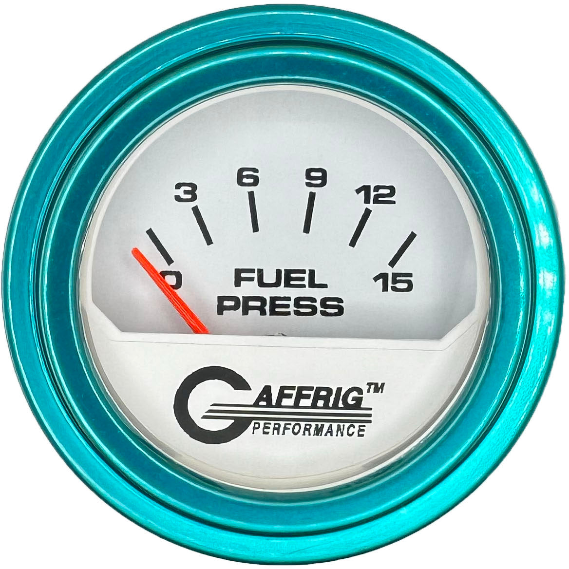 GAFFRIG PART #195506 2 INCH ELECTRIC FUEL PRESS. GAUGE 0-15 PSI WHITE TEAL / STEP RIM