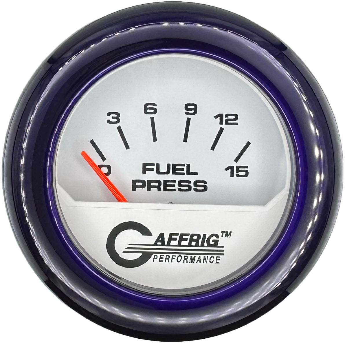 GAFFRIG PART #195506 2 INCH ELECTRIC FUEL PRESS. GAUGE 0-15 PSI WHITE PURPLE / STEP RIM