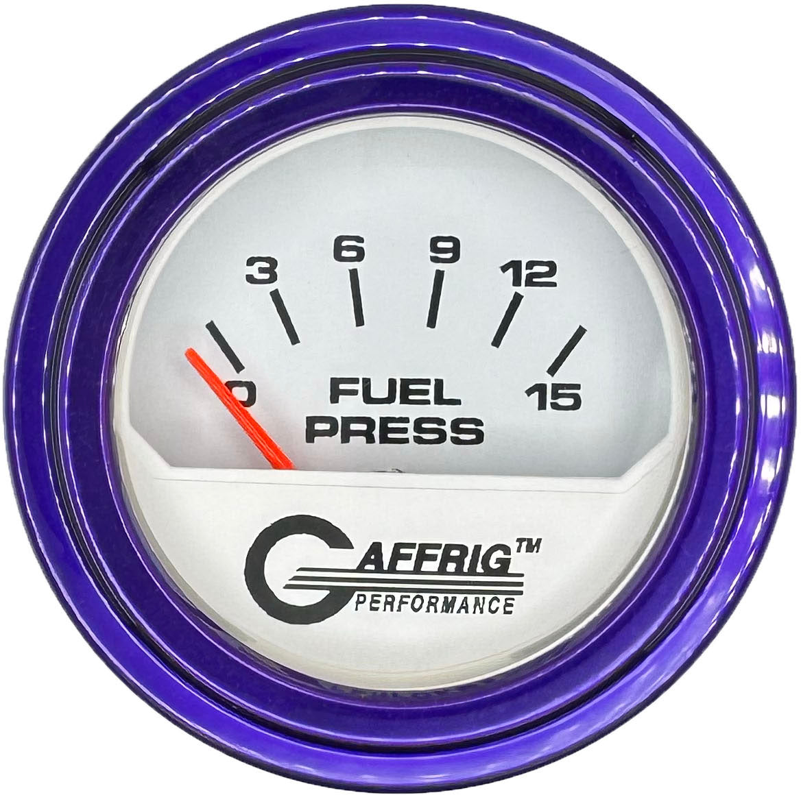 GAFFRIG PART #195506 2 INCH ELECTRIC FUEL PRESS. GAUGE 0-15 PSI WHITE PURPLE / STEP RIM