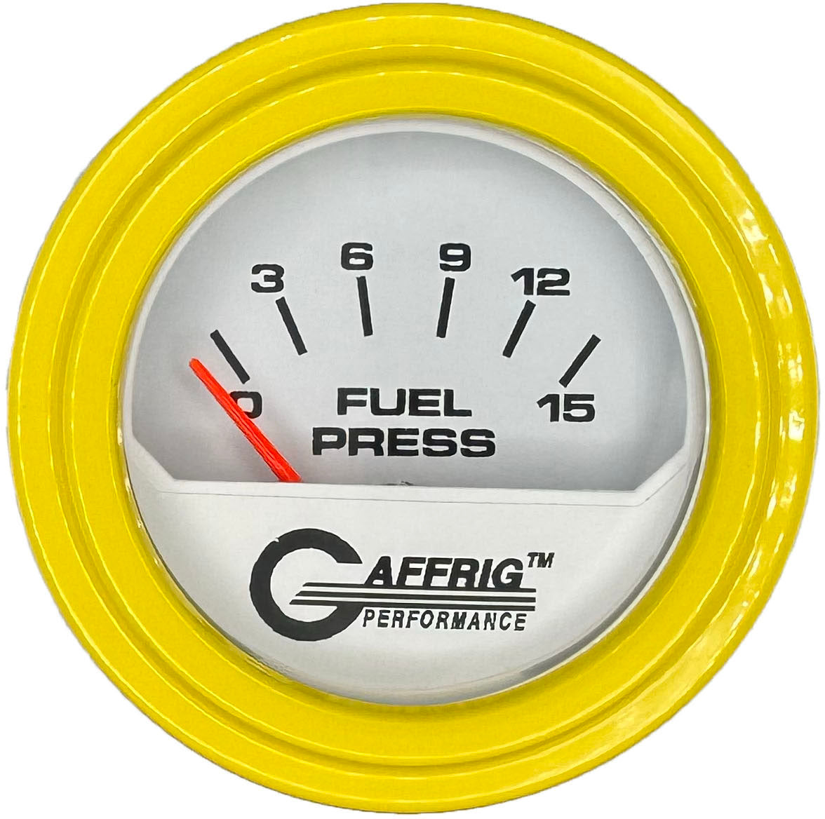 GAFFRIG PART #195506 2 INCH ELECTRIC FUEL PRESS. GAUGE 0-15 PSI WHITE YELLOW / STEP RIM