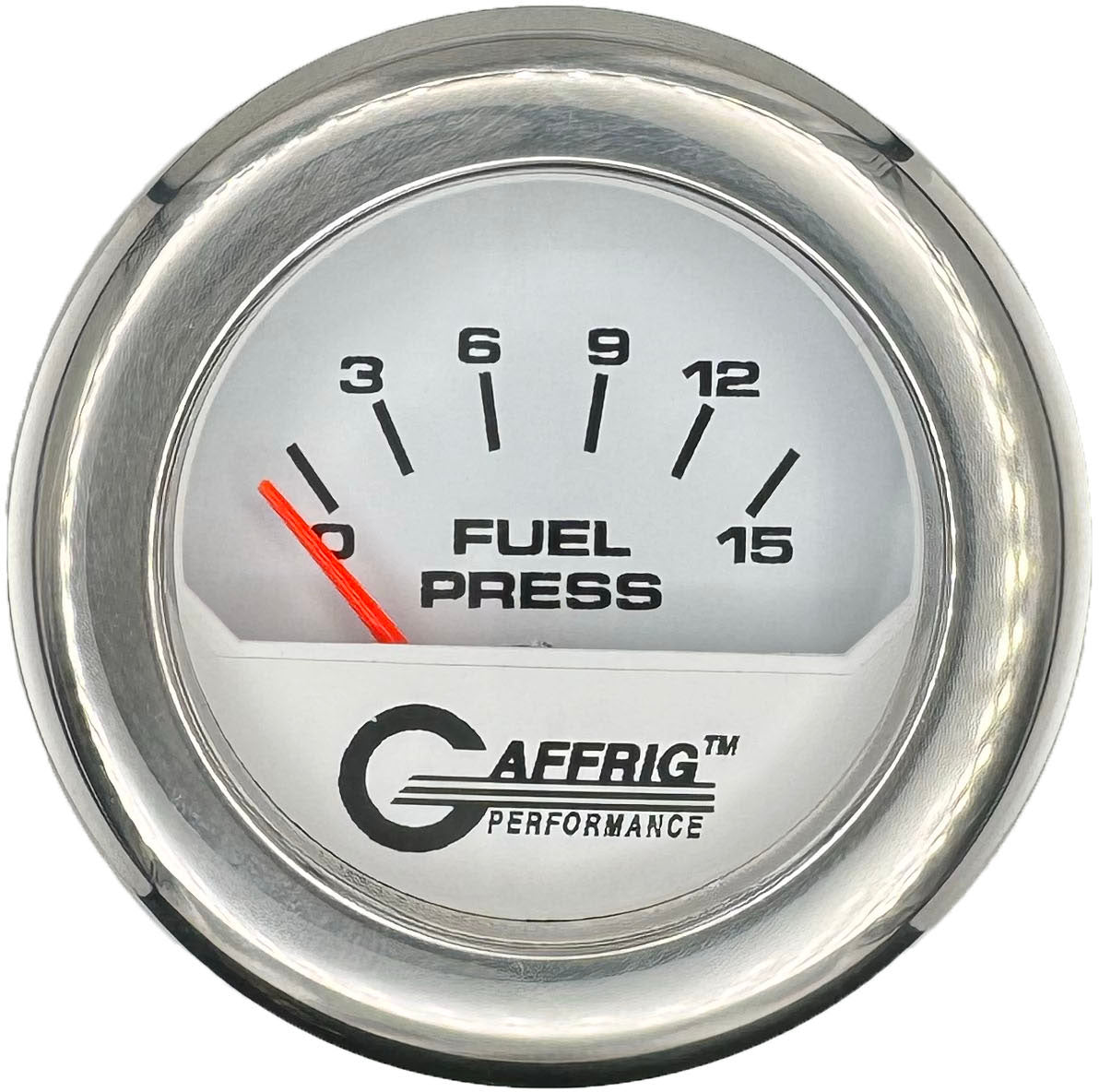 GAFFRIG PART #195506 2 INCH ELECTRIC FUEL PRESS. GAUGE 0-15 PSI WHITE CHROME / STEP RIM
