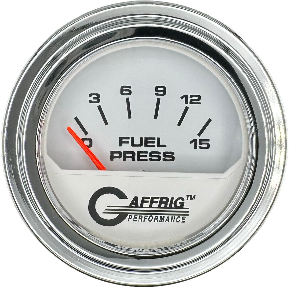 GAFFRIG PART #195506 2 INCH ELECTRIC FUEL PRESS. GAUGE 0-15 PSI WHITE CHROME / STEP RIM
