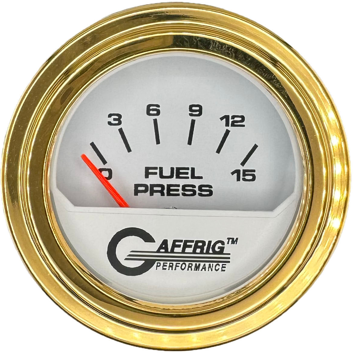 GAFFRIG PART #195506 2 INCH ELECTRIC FUEL PRESS. GAUGE 0-15 PSI WHITE GOLD / STEP RIM