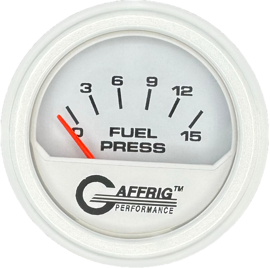 GAFFRIG PART #195506 2 INCH ELECTRIC FUEL PRESS. GAUGE 0-15 PSI WHITE WHITE / STEP RIM