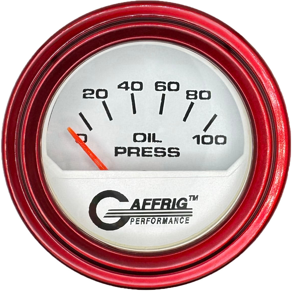 GAFFRIG PART #195512 2 INCH ELECTRIC OIL PRESSURE GAUGE 0-100 PSI WHITE RED / STEP RIM