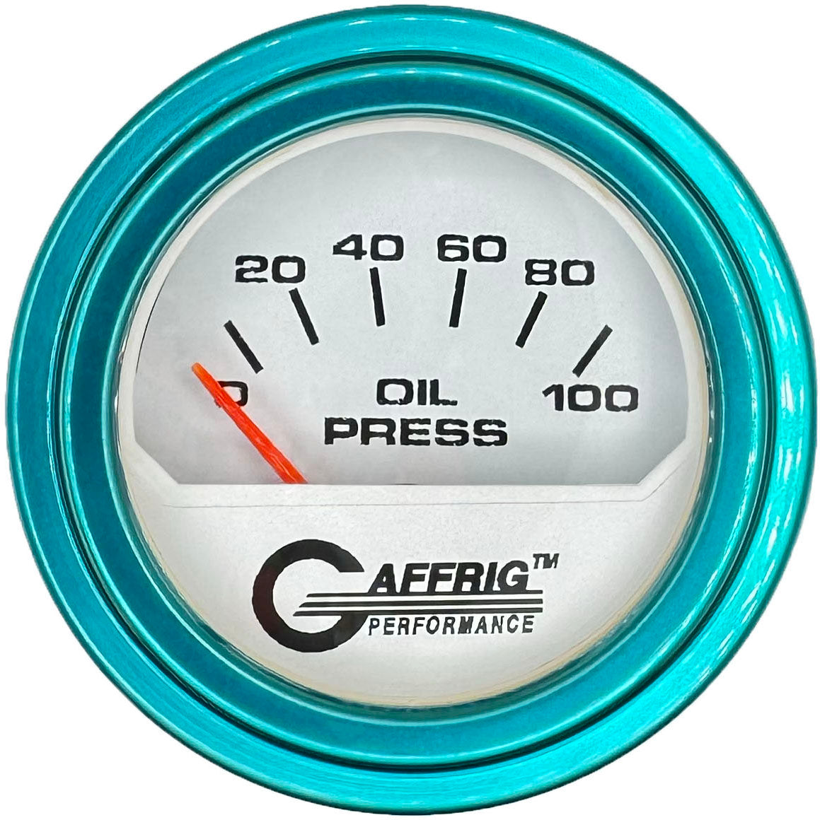 GAFFRIG PART #195512 2 INCH ELECTRIC OIL PRESSURE GAUGE 0-100 PSI WHITE TEAL / STEP RIM