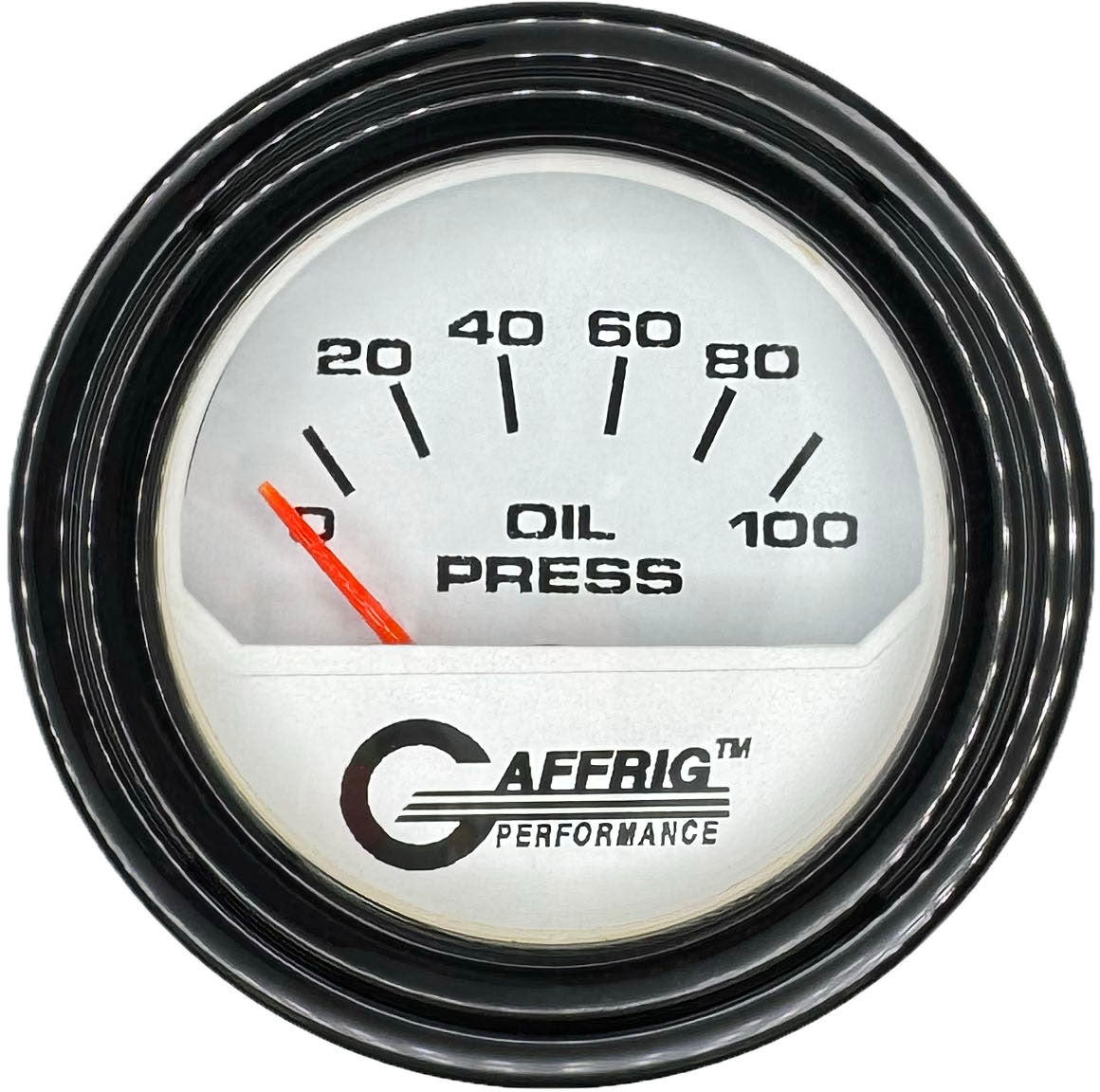 GAFFRIG PART #195512 2 INCH ELECTRIC OIL PRESSURE GAUGE 0-100 PSI WHITE BLACK / STEP RIM
