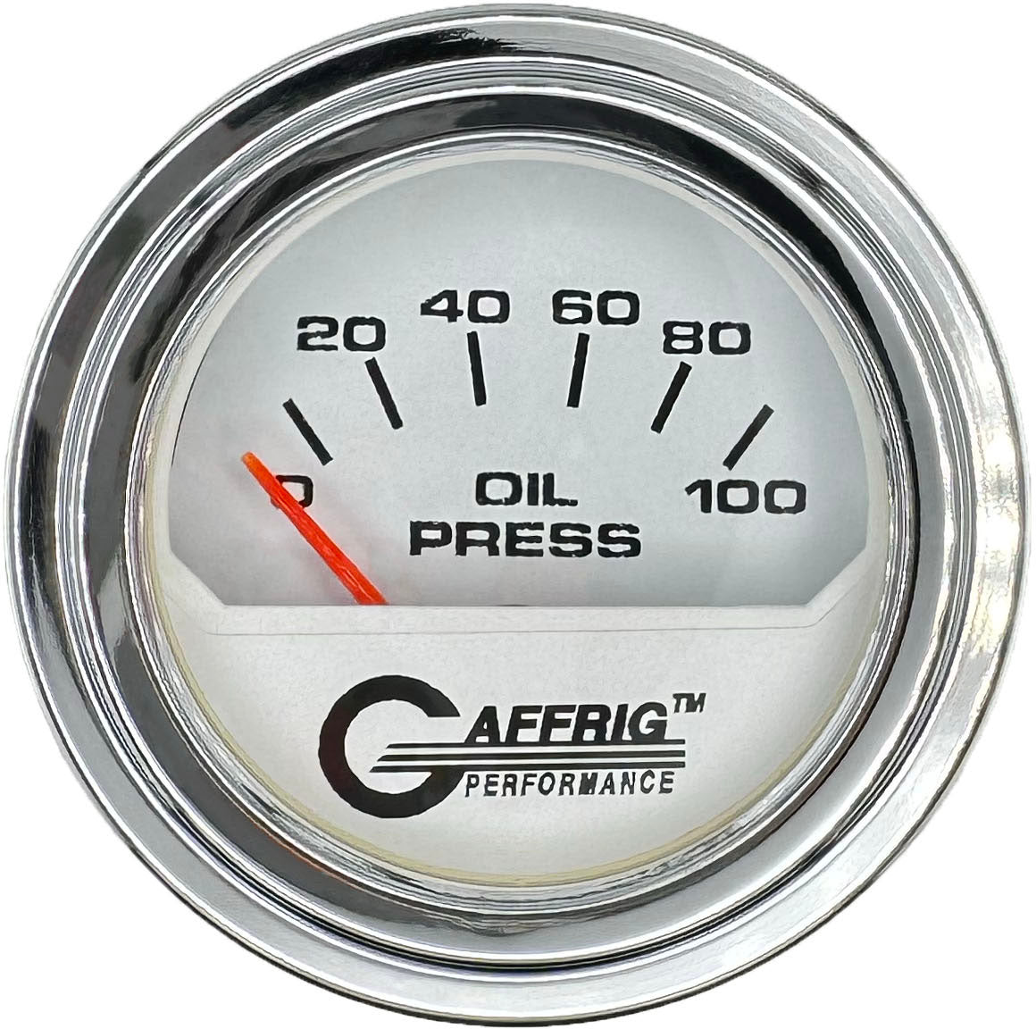 GAFFRIG PART #195512 2 INCH ELECTRIC OIL PRESSURE GAUGE 0-100 PSI WHITE CHROME / STEP RIM