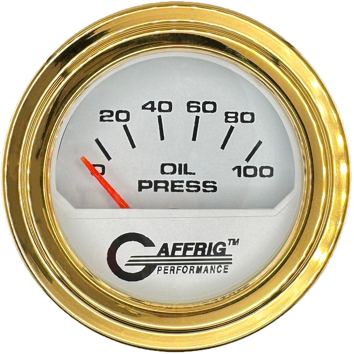 GAFFRIG PART #195512 2 INCH ELECTRIC OIL PRESSURE GAUGE 0-100 PSI WHITE GOLD / STEP RIM