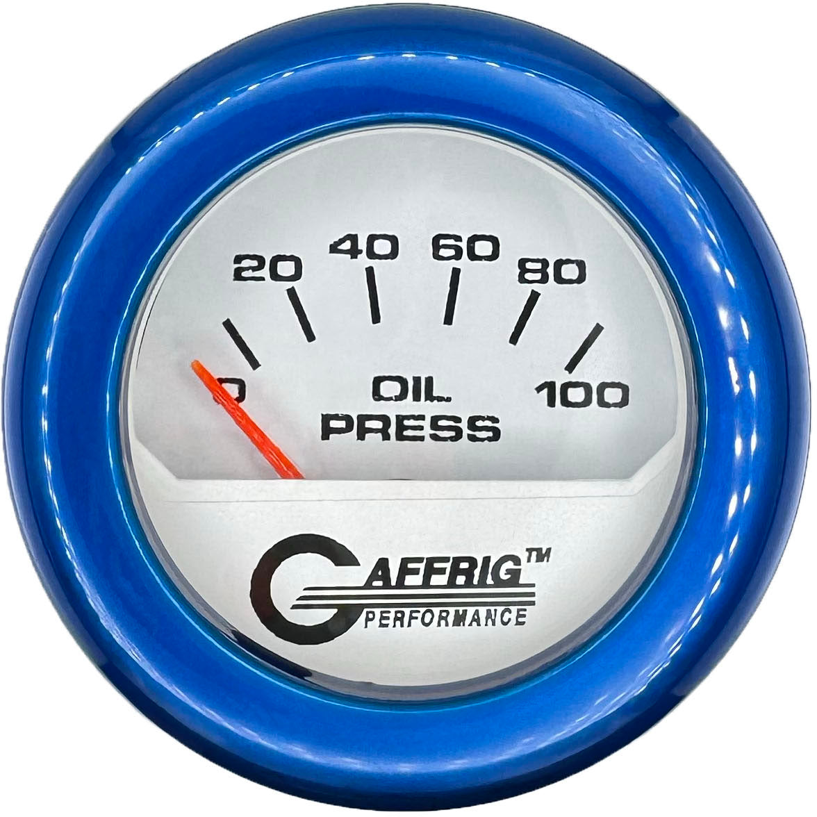 GAFFRIG PART #195512 2 INCH ELECTRIC OIL PRESSURE GAUGE 0-100 PSI WHITE BLUE / FAT RIM