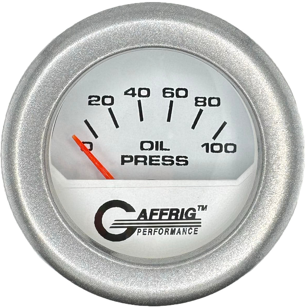 GAFFRIG PART #195512 2 INCH ELECTRIC OIL PRESSURE GAUGE 0-100 PSI WHITE PLATINUM / FAT RIM
