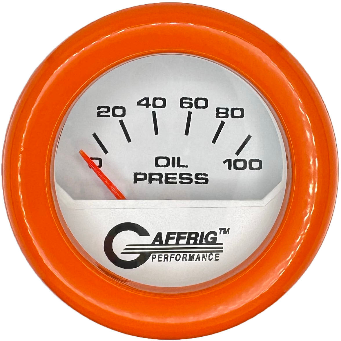 GAFFRIG PART #195512 2 INCH ELECTRIC OIL PRESSURE GAUGE 0-100 PSI WHITE ORANGE / FAT RIM