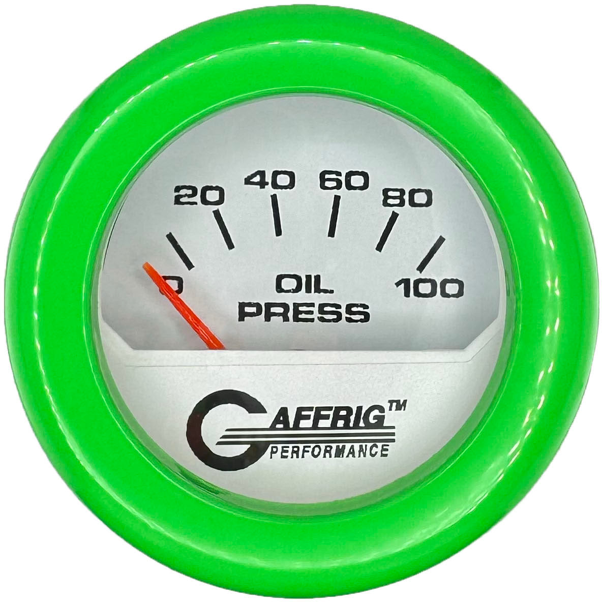 GAFFRIG PART #195512 2 INCH ELECTRIC OIL PRESSURE GAUGE 0-100 PSI WHITE LIME GREEN / FAT RIM