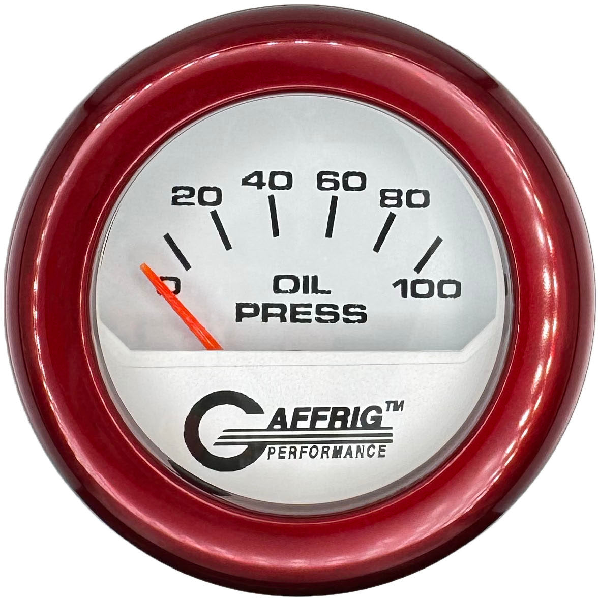 GAFFRIG PART #195512 2 INCH ELECTRIC OIL PRESSURE GAUGE 0-100 PSI WHITE RED / FAT RIM