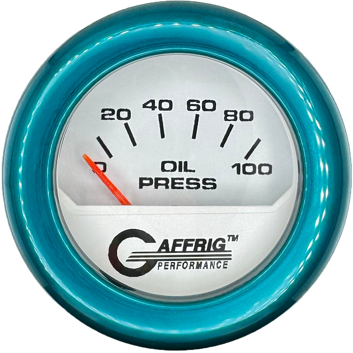 GAFFRIG PART #195512 2 INCH ELECTRIC OIL PRESSURE GAUGE 0-100 PSI WHITE TEAL / FAT RIM