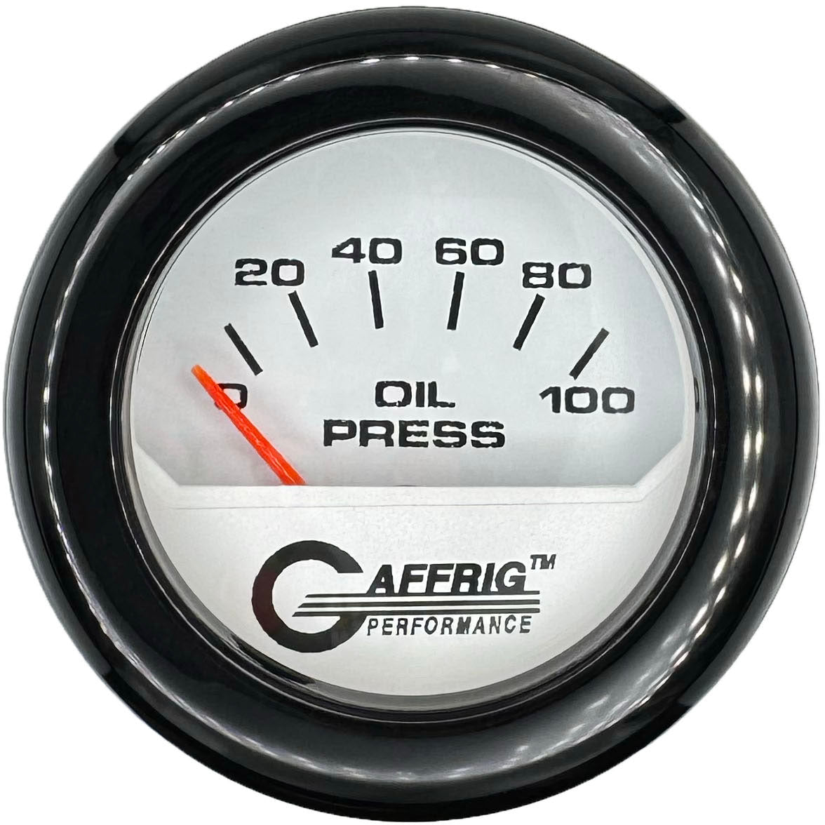 GAFFRIG PART #195512 2 INCH ELECTRIC OIL PRESSURE GAUGE 0-100 PSI WHITE BLACK / FAT RIM