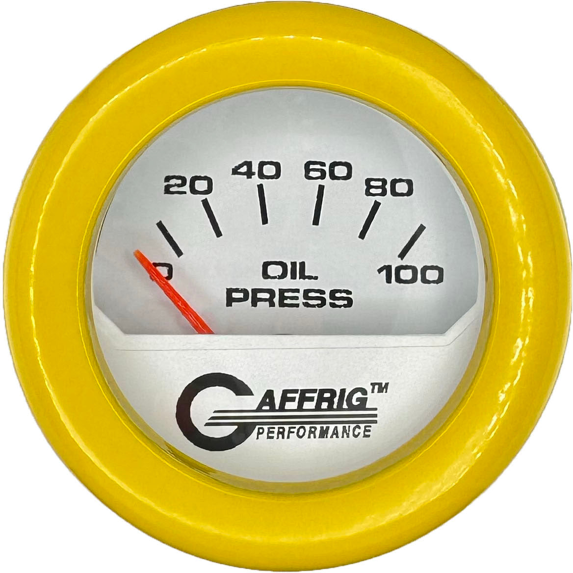 GAFFRIG PART #195512 2 INCH ELECTRIC OIL PRESSURE GAUGE 0-100 PSI WHITE YELLOW / FAT RIM