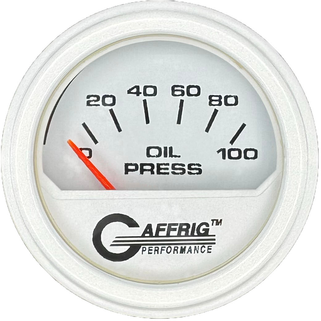 GAFFRIG PART #195512 2 INCH ELECTRIC OIL PRESSURE GAUGE 0-100 PSI WHITE WHITE / STEP RIM