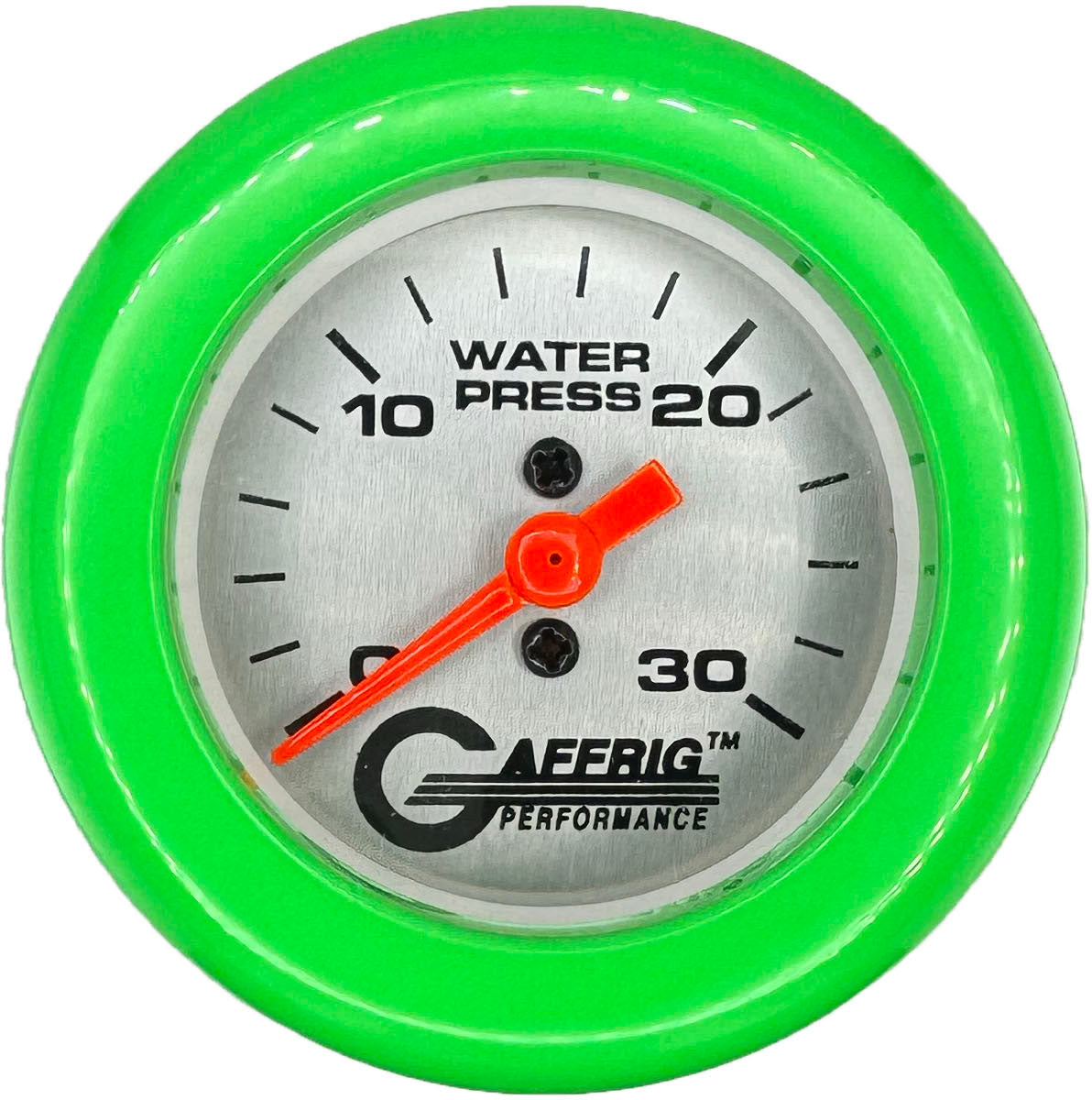 GAFFRIG PART #196822 2 INCH MECHANICAL WATER PRESS. GAUGE 0-30 PSI PLATINUM LIME GREEN / STEP RIM