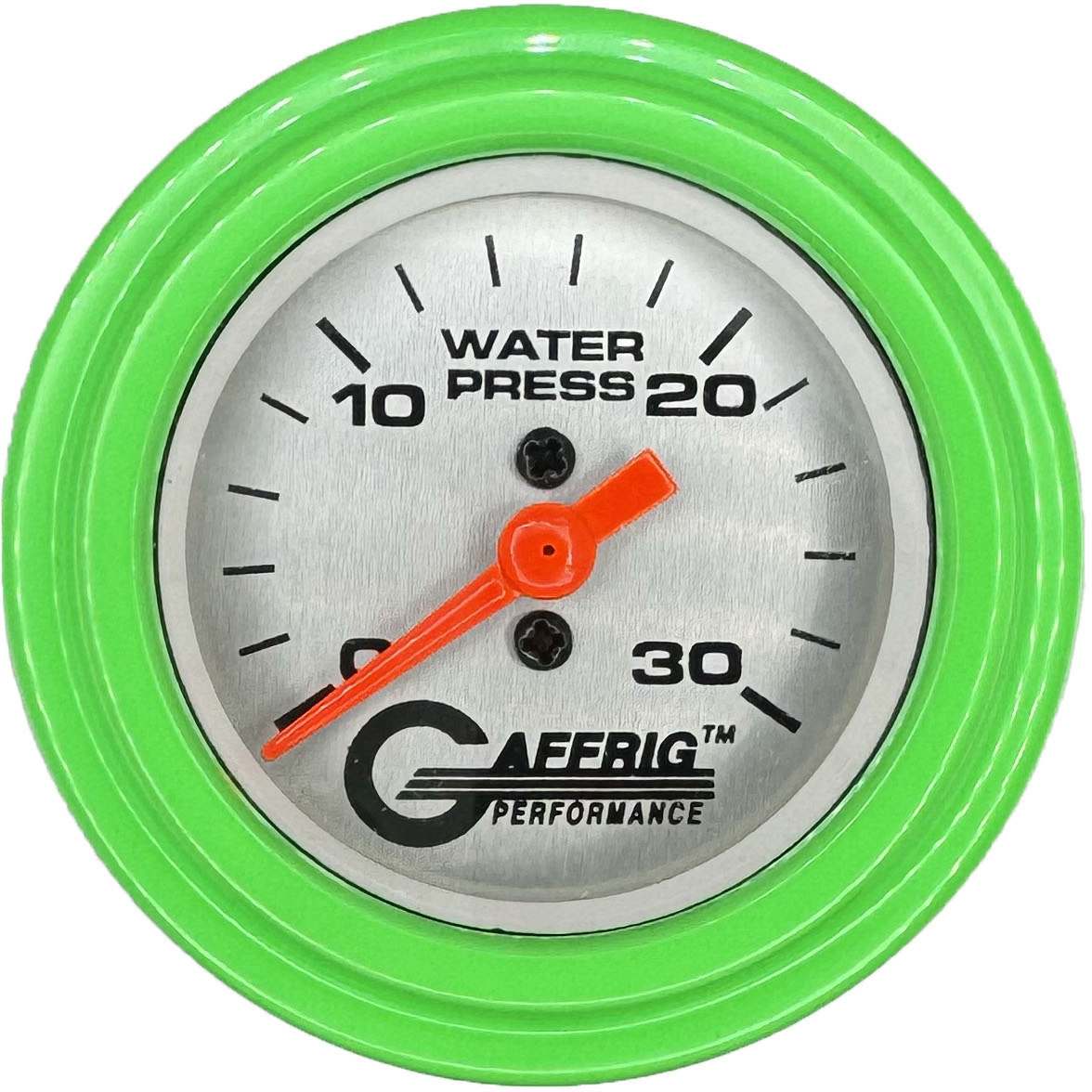 GAFFRIG PART #196822 2 INCH MECHANICAL WATER PRESS. GAUGE 0-30 PSI PLATINUM LIME GREEN / STEP RIM