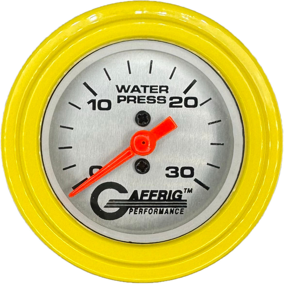 GAFFRIG PART #196822 2 INCH MECHANICAL WATER PRESS. GAUGE 0-30 PSI PLATINUM YELLOW / STEP RIM