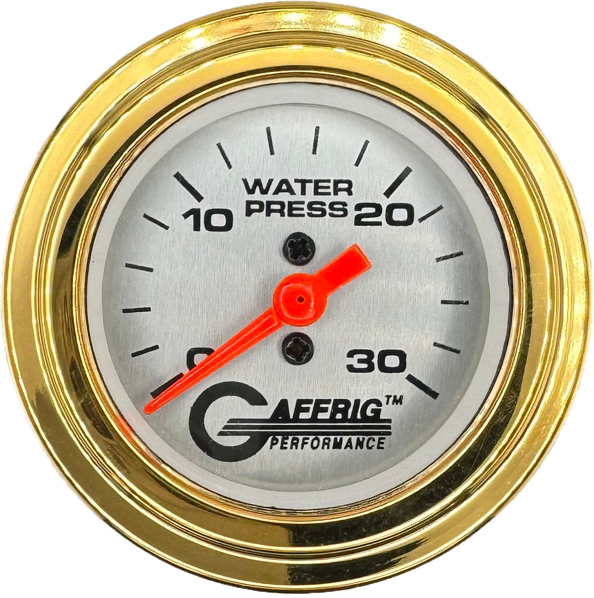 GAFFRIG PART #196822 2 INCH MECHANICAL WATER PRESS. GAUGE 0-30 PSI PLATINUM GOLD / STEP RIM