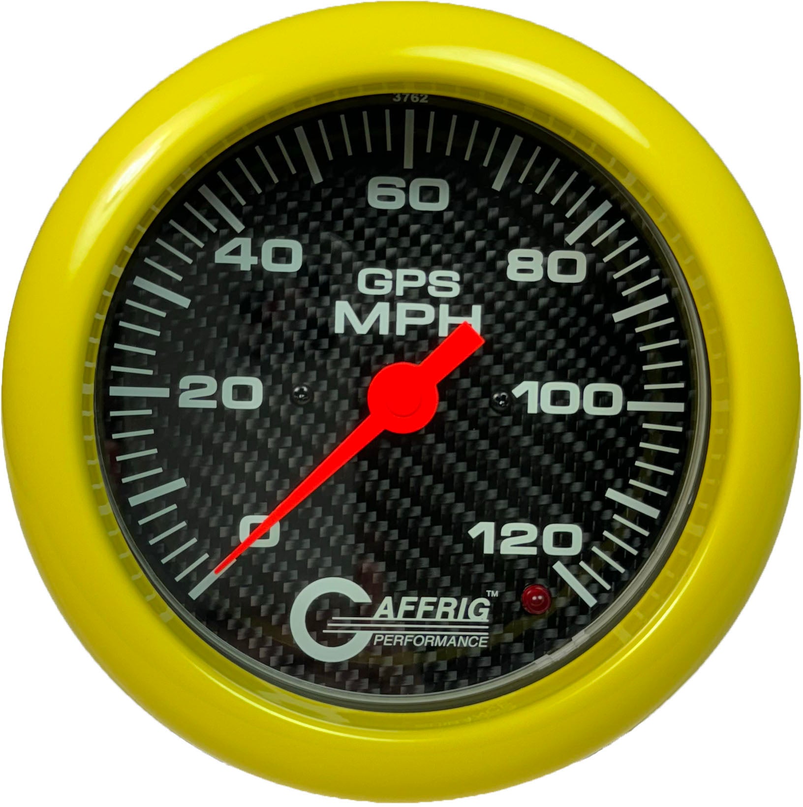 GAFFRIG PART #4049 4 5/8 INCH GPS ANALOG 120 MPH SPEEDOMETER GAUGE HEAD ONLY CARBON FIBER YELLOW
