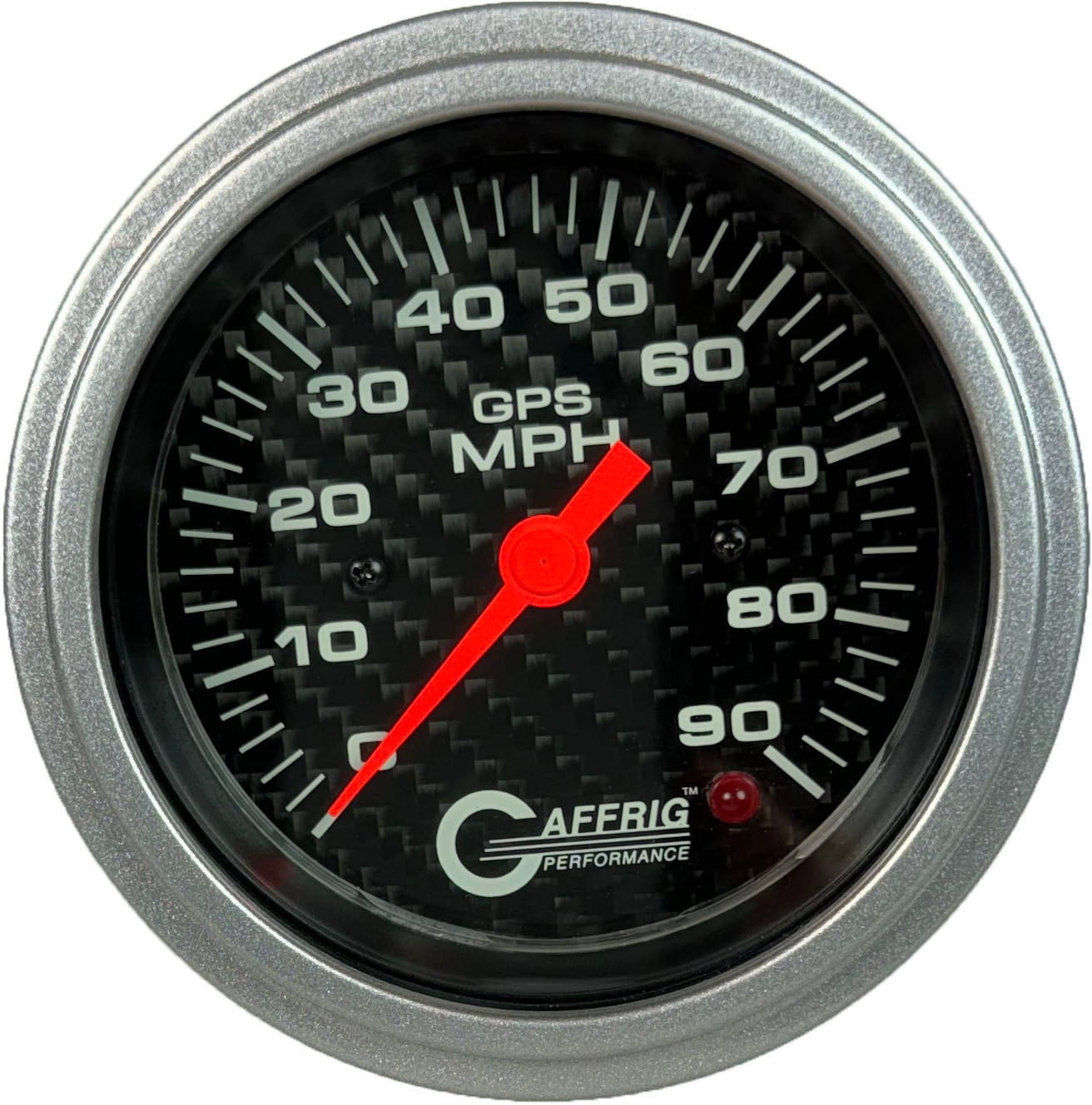 GAFFRIG PART #4053 3 3/8 INCH GPS ANALOG 90 MPH SPEEDOMETER GAUGE HEAD ONLY CARBON FIBER PLATINUM / STEP RIM
