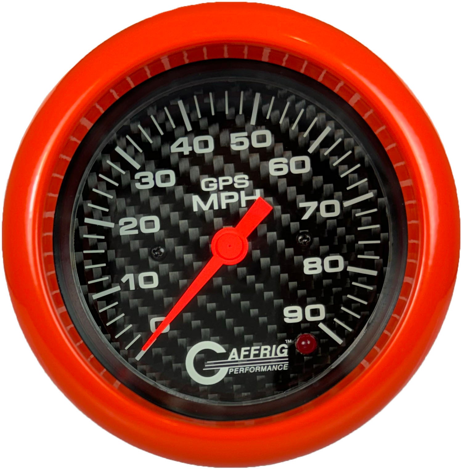 GAFFRIG PART #4053 3 3/8 INCH GPS ANALOG 90 MPH SPEEDOMETER GAUGE HEAD ONLY CARBON FIBER ORANGE / STEP RIM
