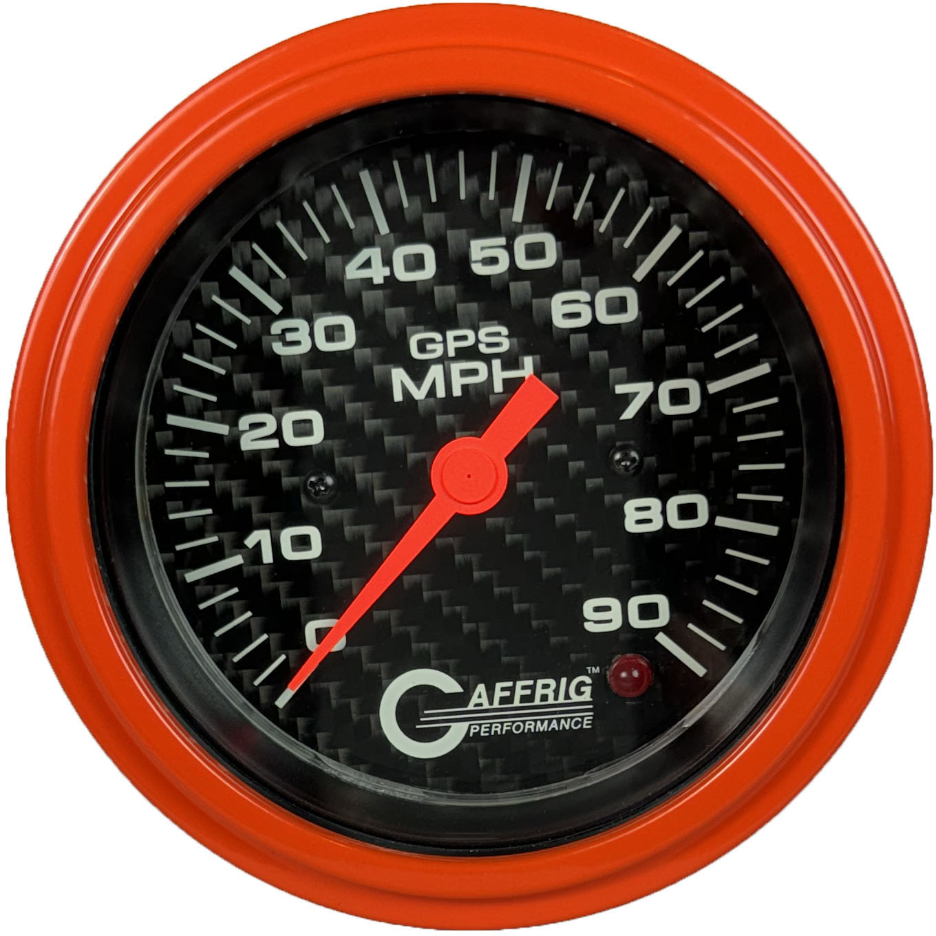 GAFFRIG PART #4053 3 3/8 INCH GPS ANALOG 90 MPH SPEEDOMETER GAUGE HEAD ONLY CARBON FIBER ORANGE / STEP RIM