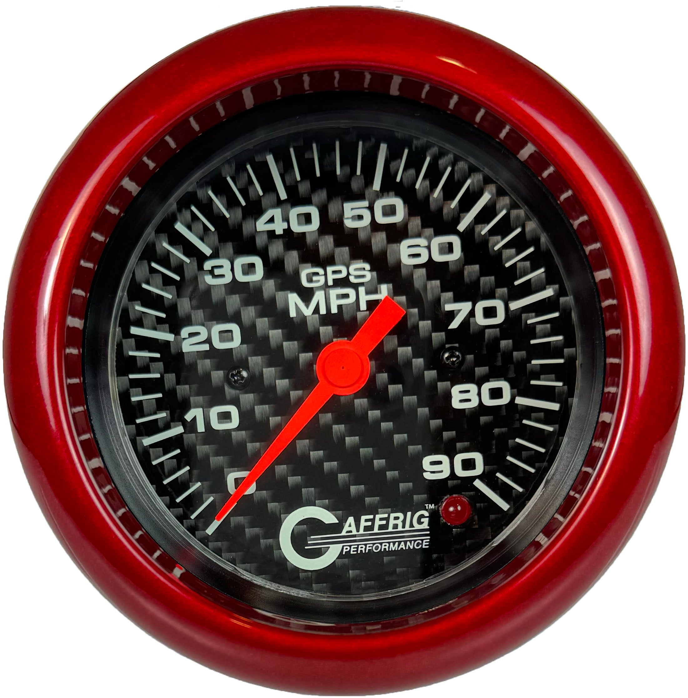GAFFRIG PART #4053 3 3/8 INCH GPS ANALOG 90 MPH SPEEDOMETER GAUGE HEAD ONLY CARBON FIBER RED / STEP RIM