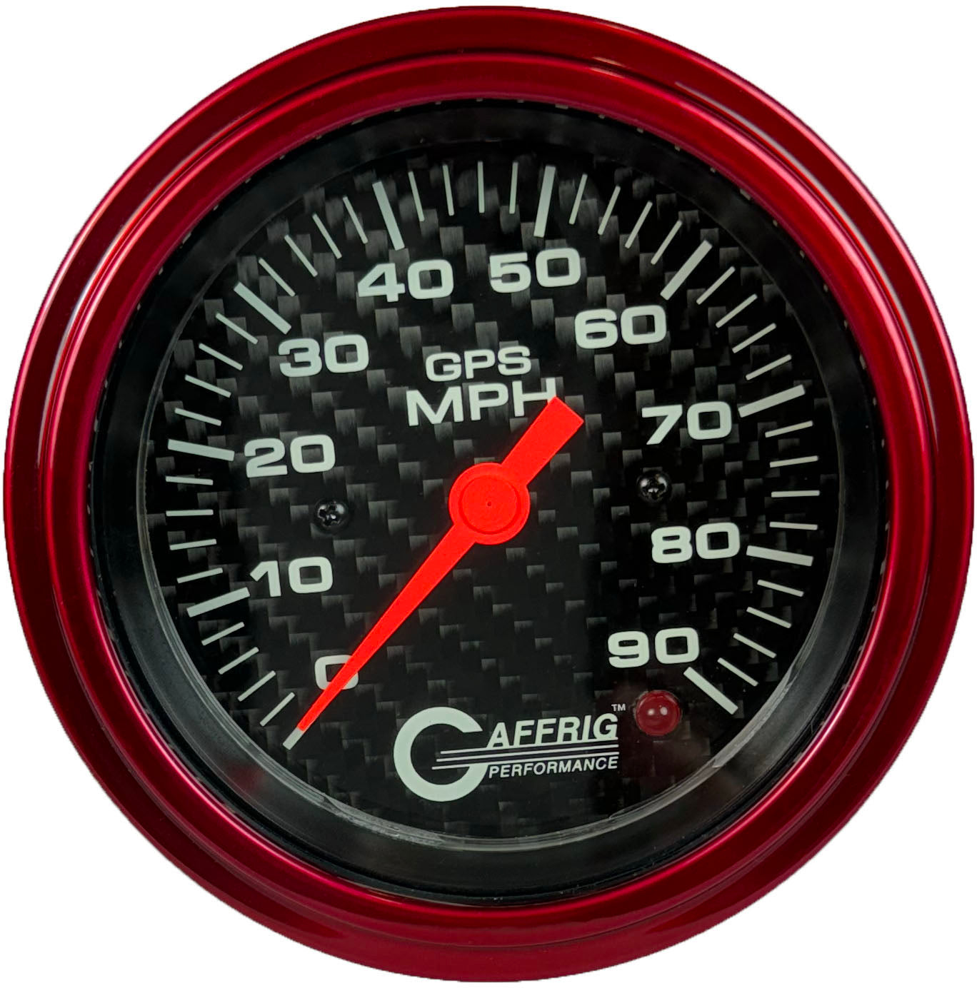 GAFFRIG PART #4053 3 3/8 INCH GPS ANALOG 90 MPH SPEEDOMETER GAUGE HEAD ONLY CARBON FIBER RED / STEP RIM