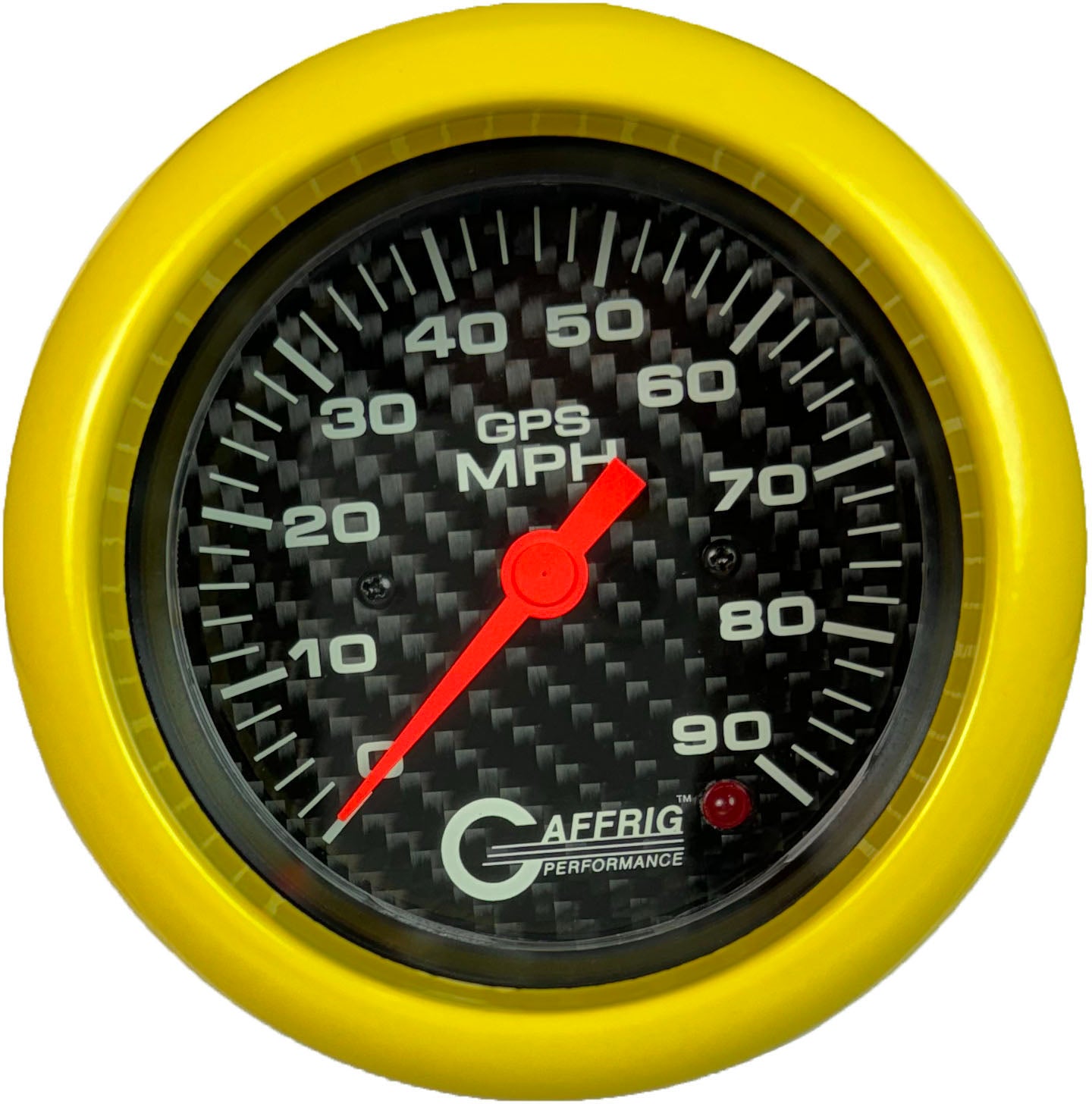 GAFFRIG PART #4053 3 3/8 INCH GPS ANALOG 90 MPH SPEEDOMETER GAUGE HEAD ONLY CARBON FIBER YELLOW / STEP RIM