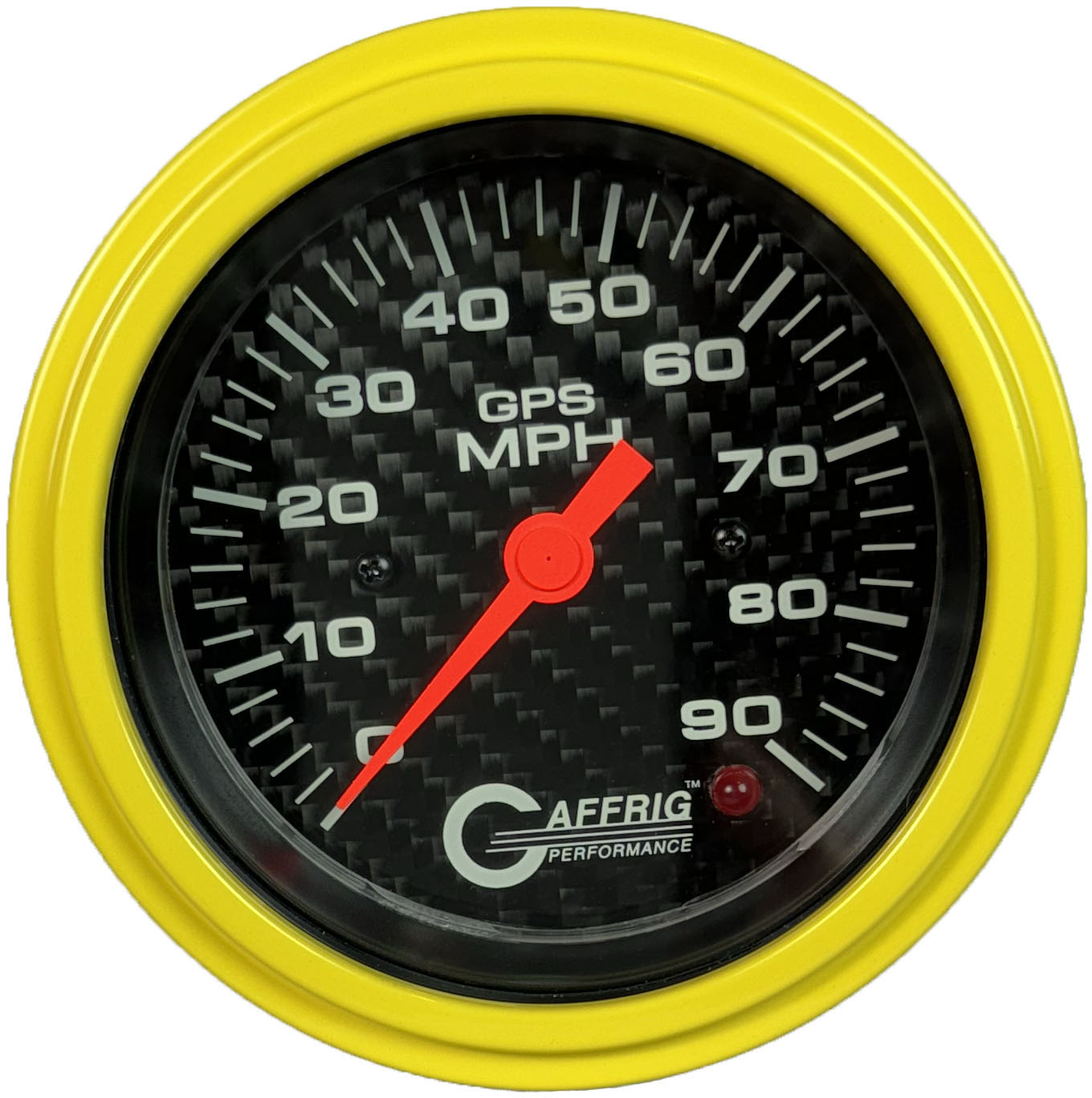 GAFFRIG PART #4053 3 3/8 INCH GPS ANALOG 90 MPH SPEEDOMETER GAUGE HEAD ONLY CARBON FIBER YELLOW / STEP RIM