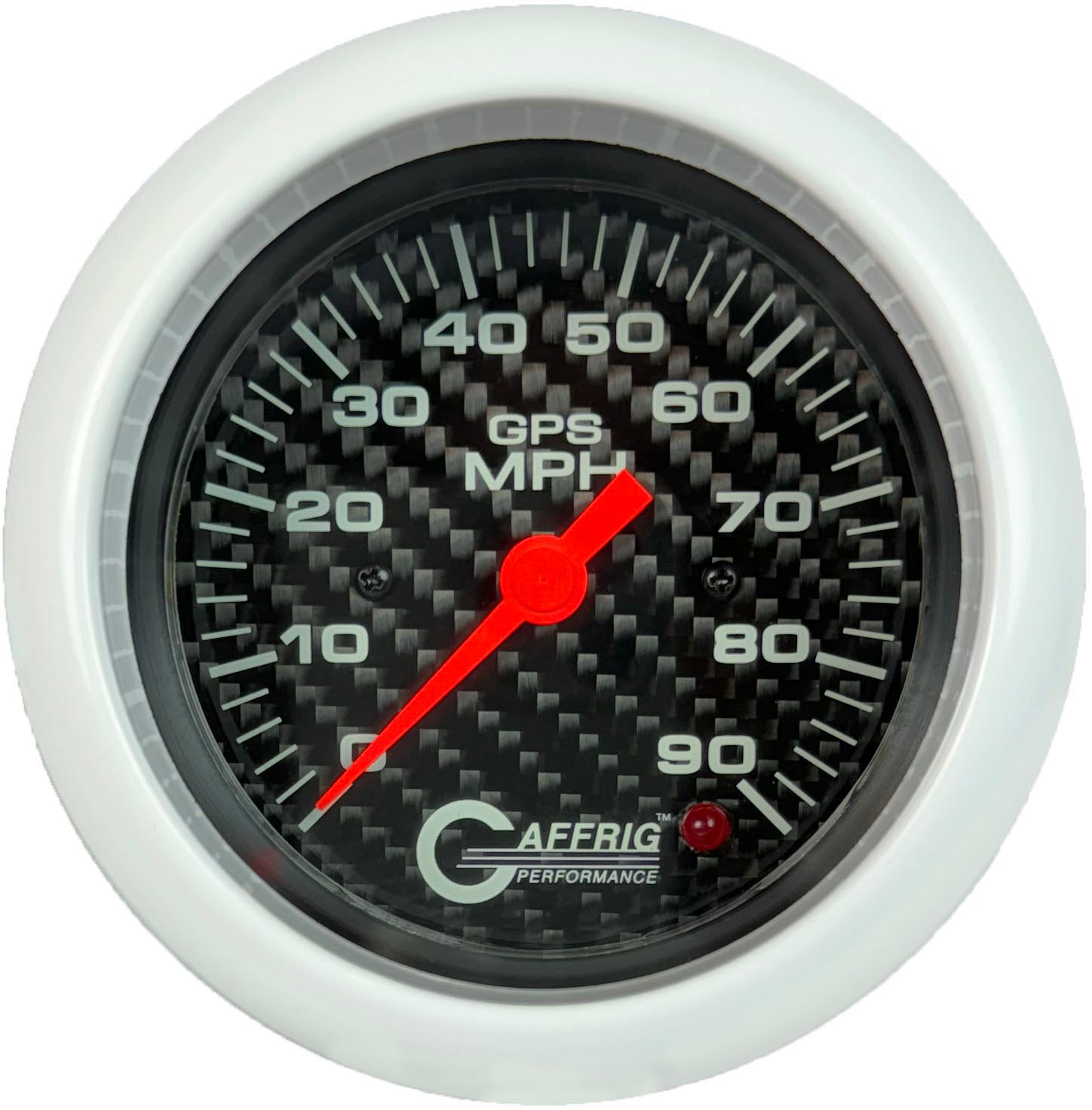 GAFFRIG PART #4053 3 3/8 INCH GPS ANALOG 90 MPH SPEEDOMETER GAUGE HEAD ONLY CARBON FIBER WHITE / STEP RIM