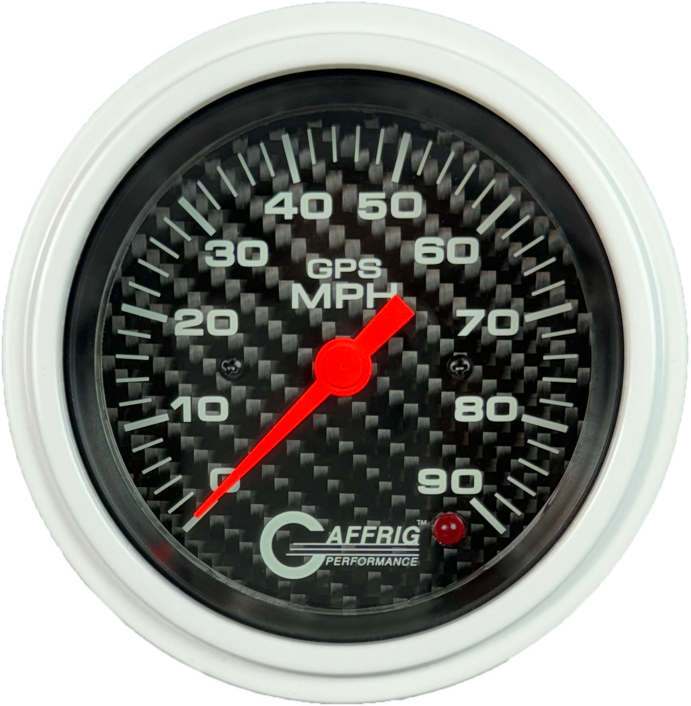 GAFFRIG PART #4053 3 3/8 INCH GPS ANALOG 90 MPH SPEEDOMETER GAUGE HEAD ONLY CARBON FIBER WHITE / STEP RIM