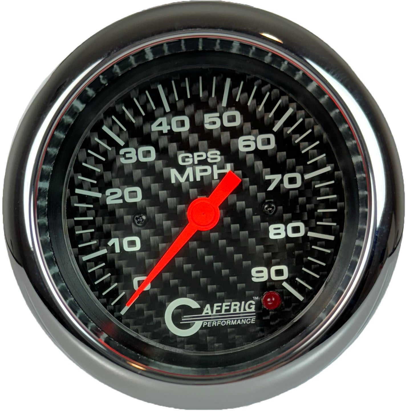 GAFFRIG PART #4053 3 3/8 INCH GPS ANALOG 90 MPH SPEEDOMETER GAUGE HEAD ONLY CARBON FIBER CHROME / STEP RIM