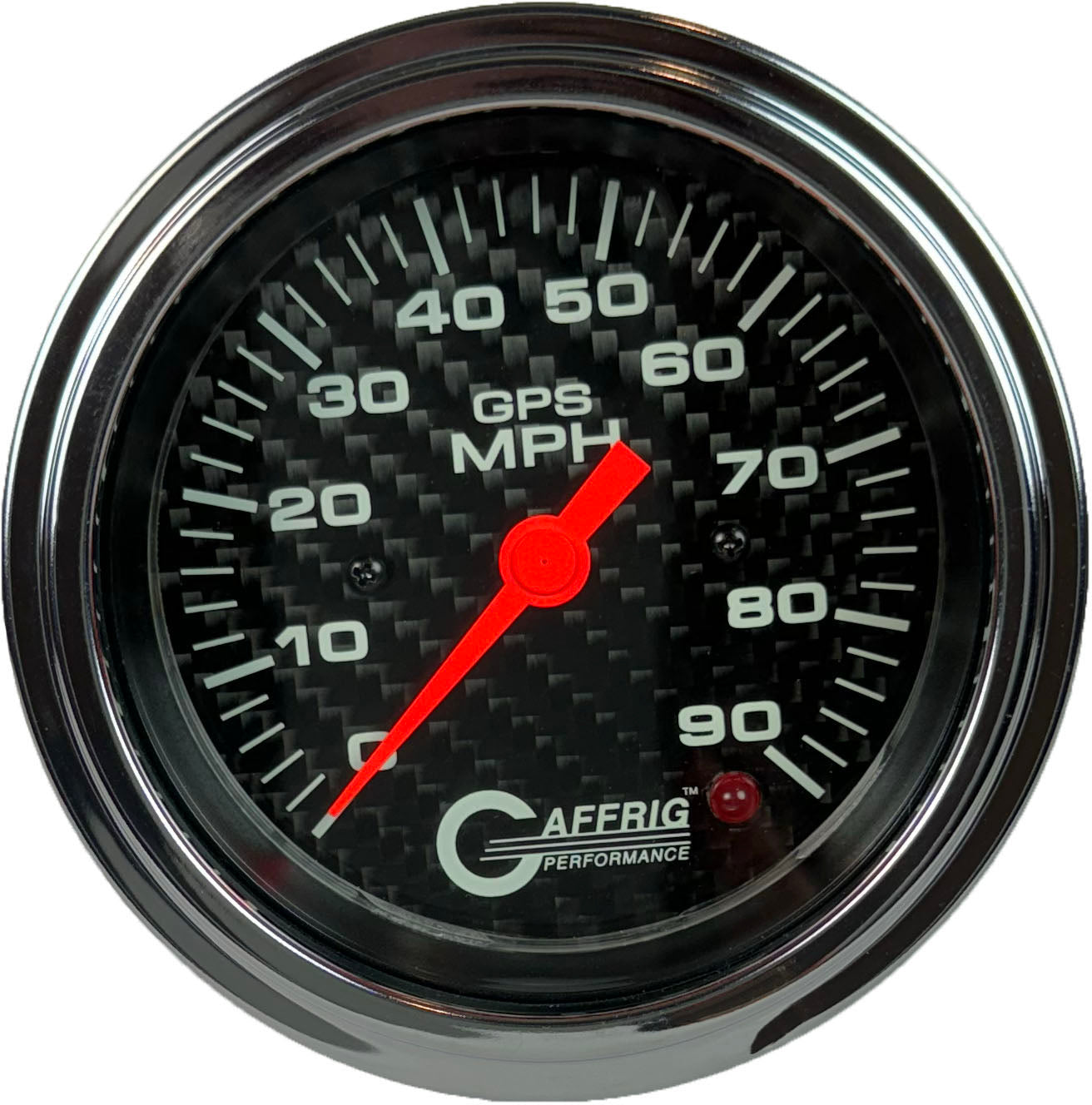 GAFFRIG PART #4053 3 3/8 INCH GPS ANALOG 90 MPH SPEEDOMETER GAUGE HEAD ONLY CARBON FIBER CHROME / STEP RIM