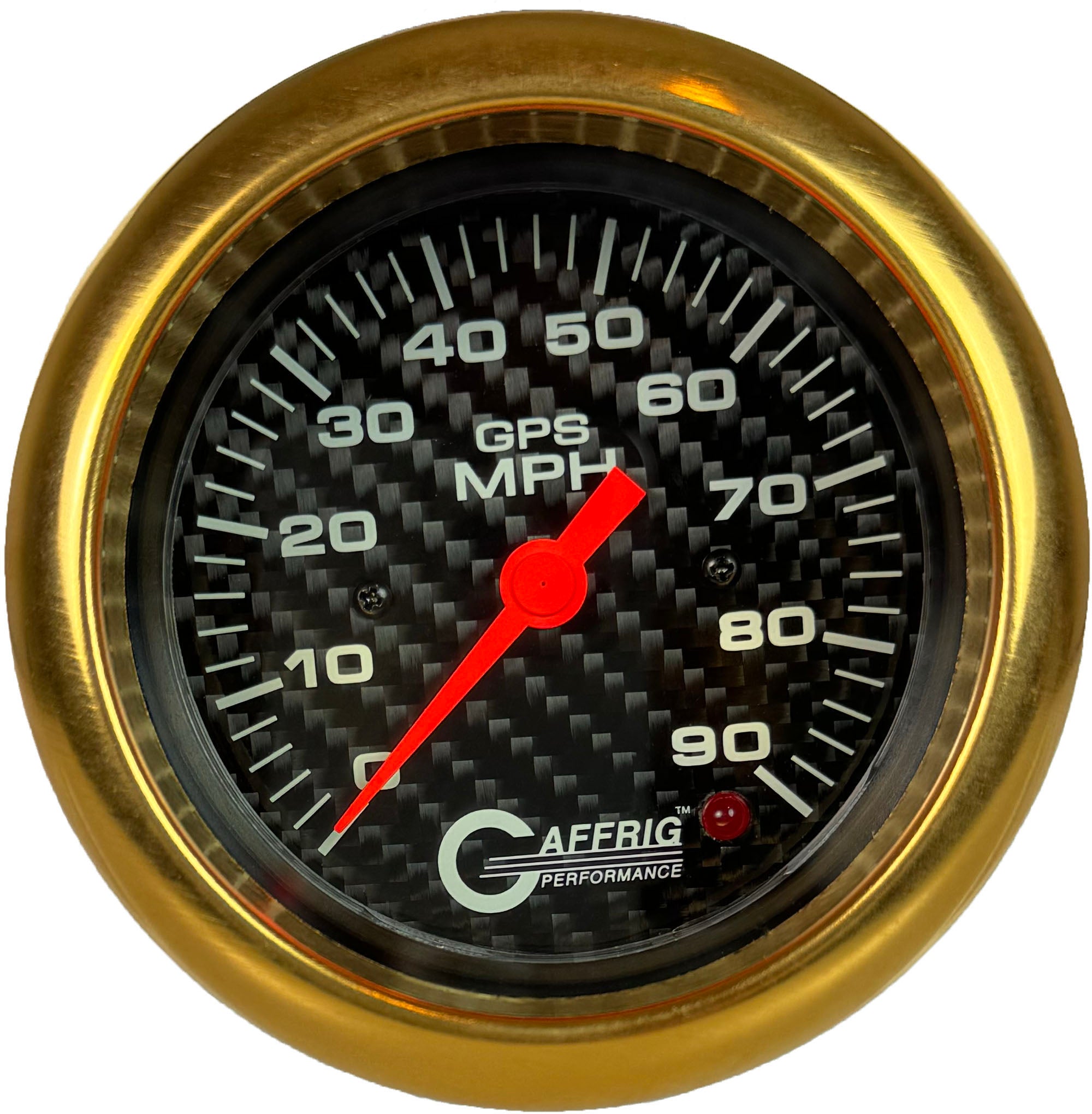 GAFFRIG PART #4053 3 3/8 INCH GPS ANALOG 90 MPH SPEEDOMETER GAUGE HEAD ONLY CARBON FIBER GOLD / STEP RIM