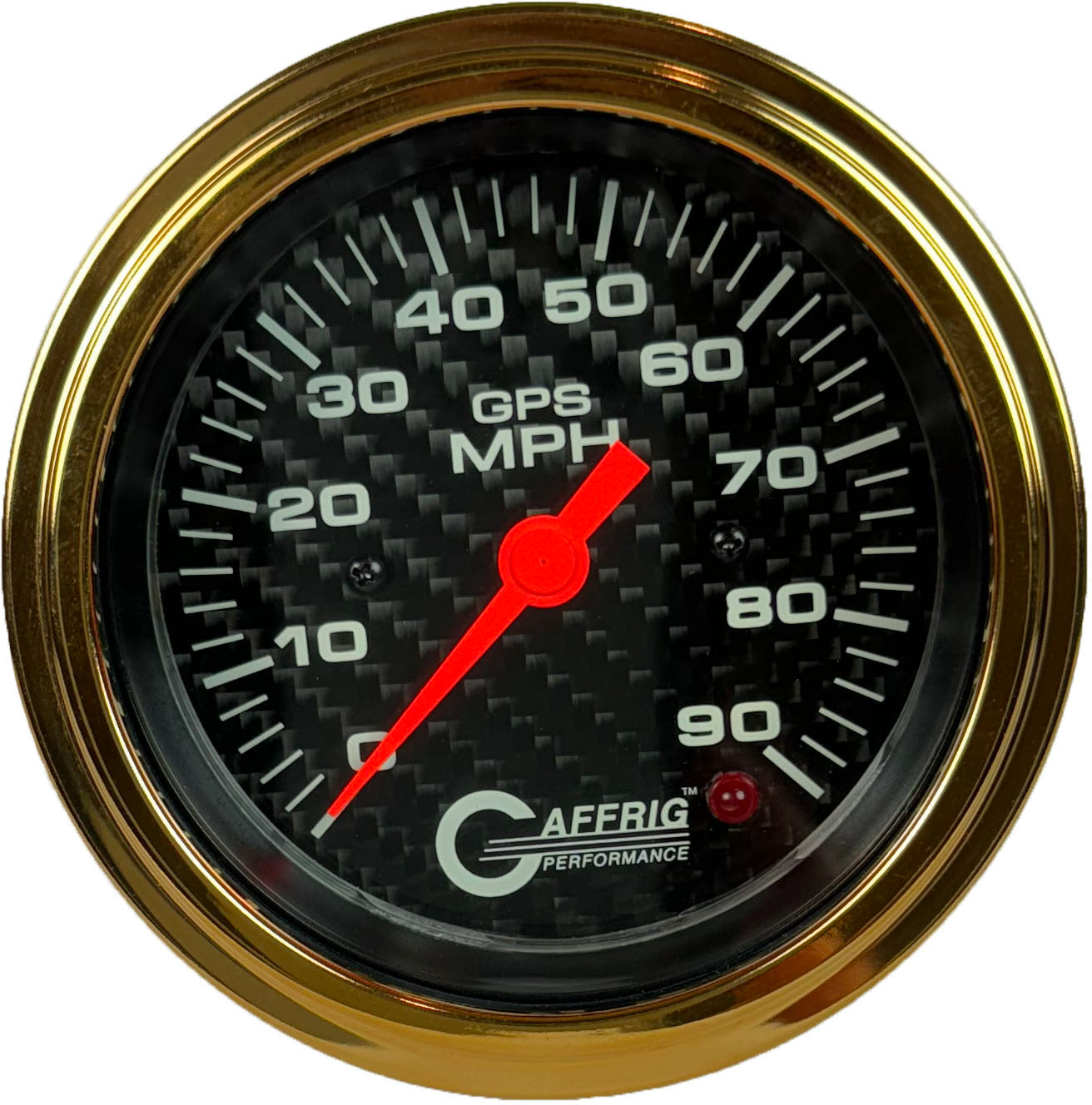 GAFFRIG PART #4053 3 3/8 INCH GPS ANALOG 90 MPH SPEEDOMETER GAUGE HEAD ONLY CARBON FIBER GOLD / STEP RIM