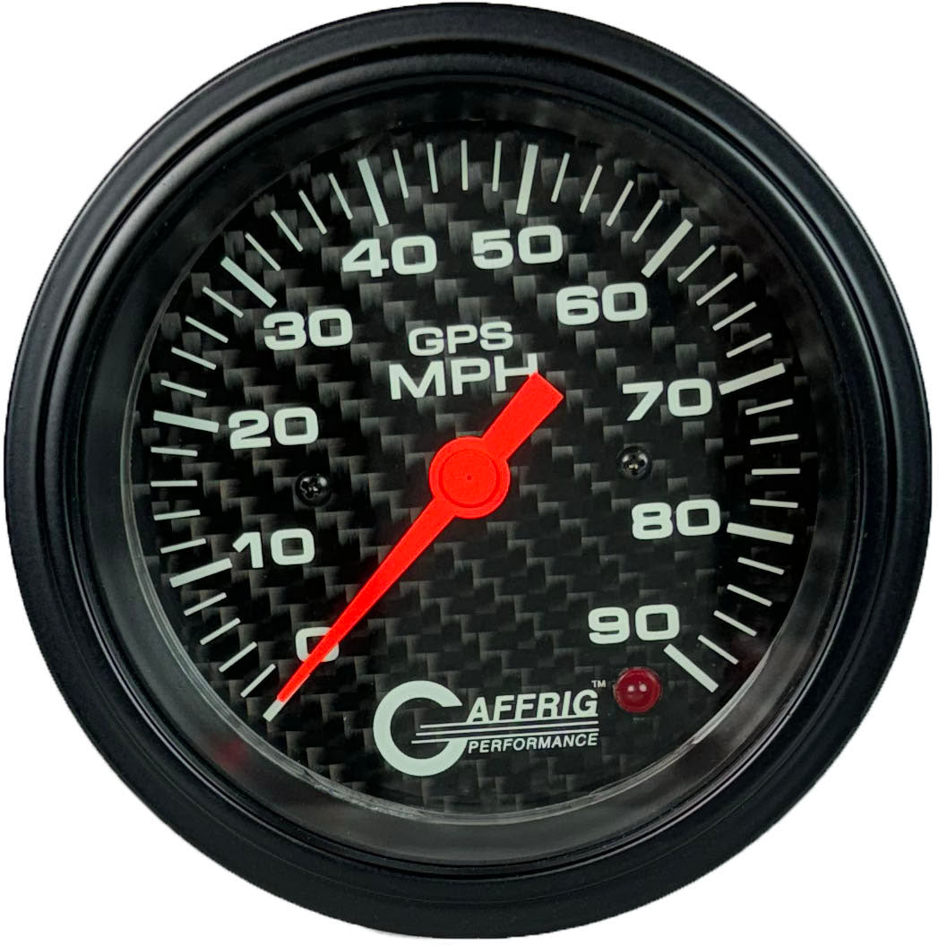 GAFFRIG PART #4053 3 3/8 INCH GPS ANALOG 90 MPH SPEEDOMETER GAUGE HEAD ONLY CARBON FIBER BLACK / STEP RIM