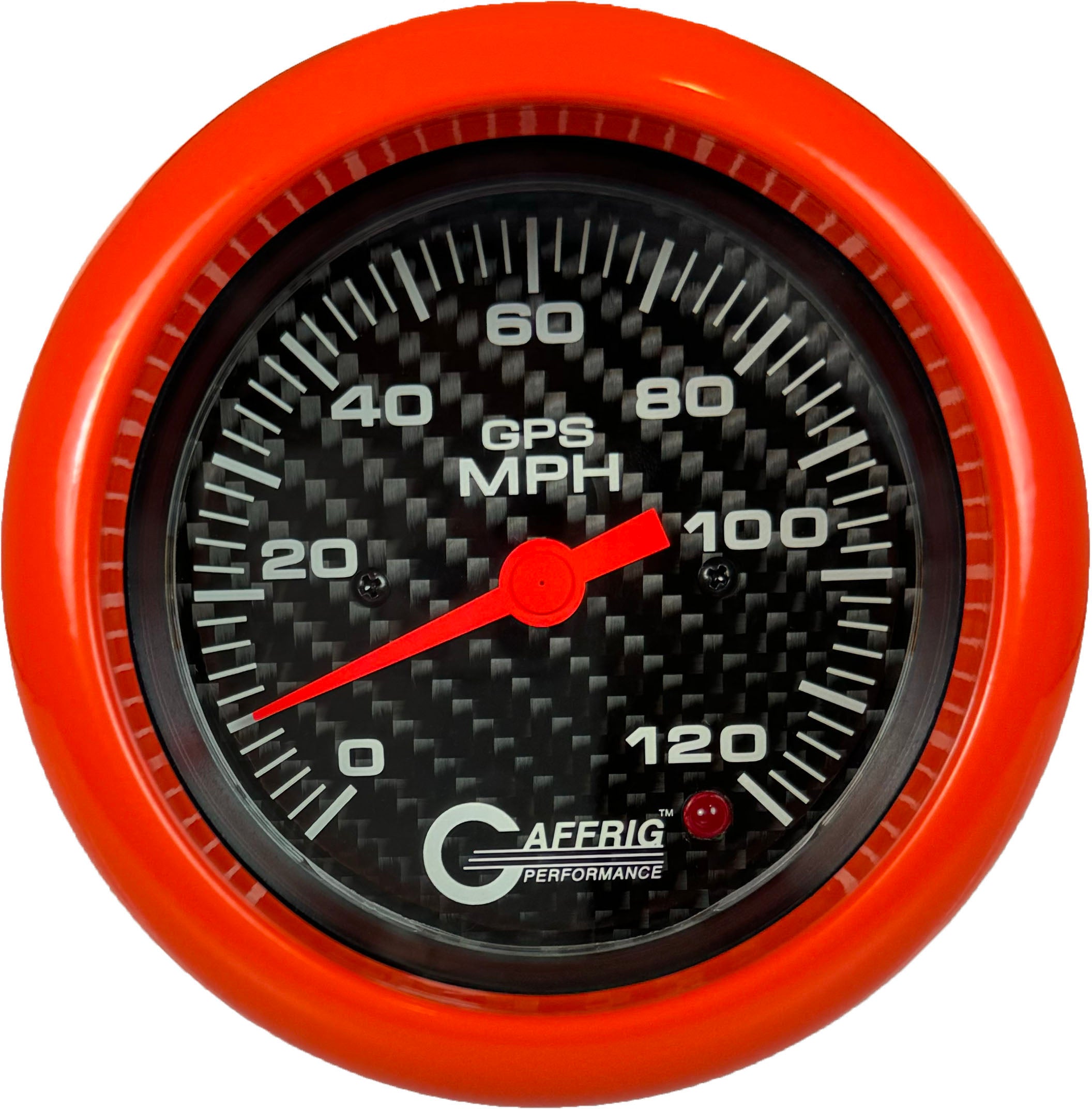 GAFFRIG PART #4055 3 3/8 INCH GPS ANALOG 120 MPH SPEEDOMETER KIT HEAD ONLY CARBON FIBER ORANGE / STEP RIM