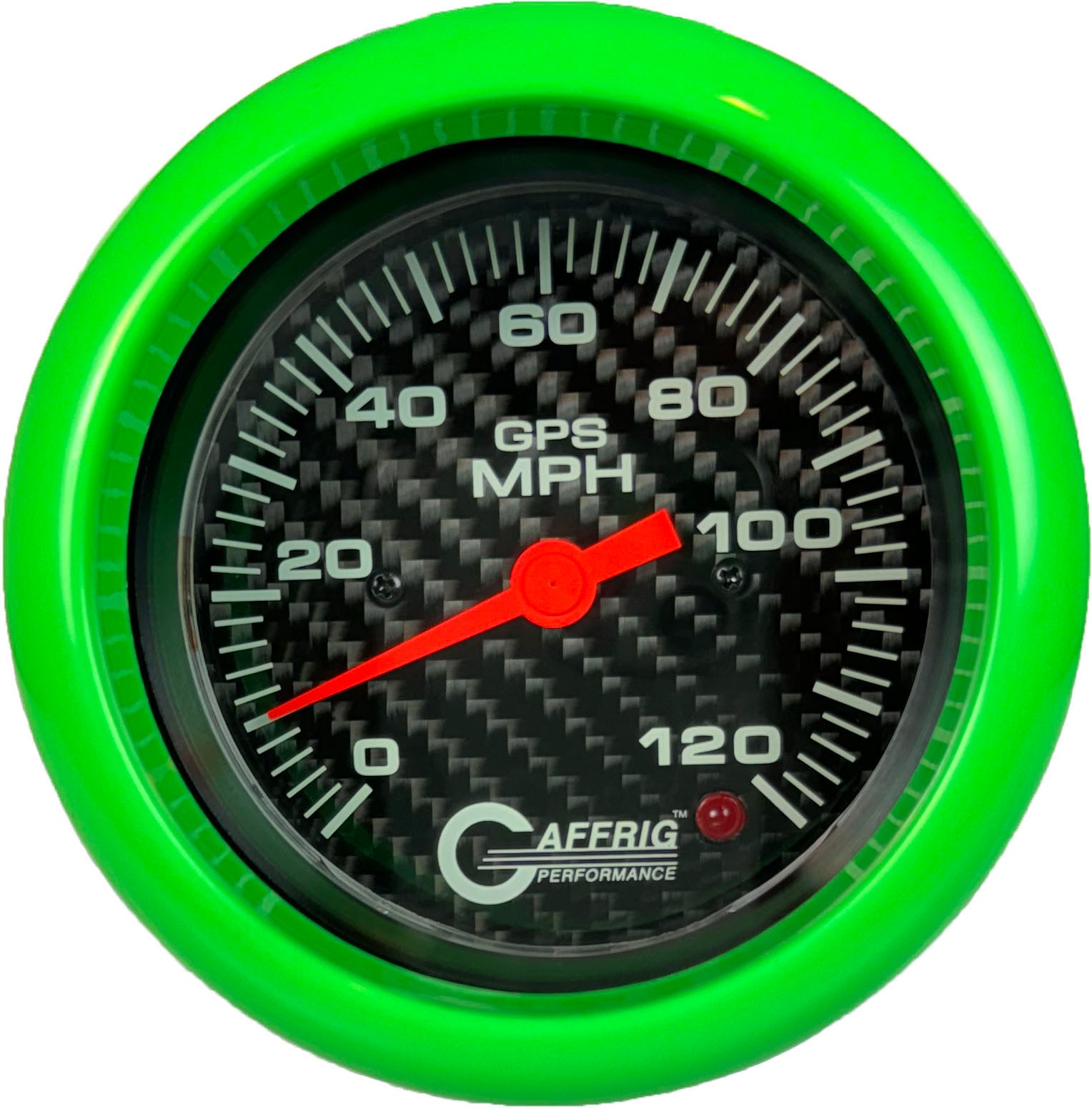GAFFRIG PART #4055 3 3/8 INCH GPS ANALOG 120 MPH SPEEDOMETER KIT HEAD ONLY CARBON FIBER LIME GREEN / STEP RIM