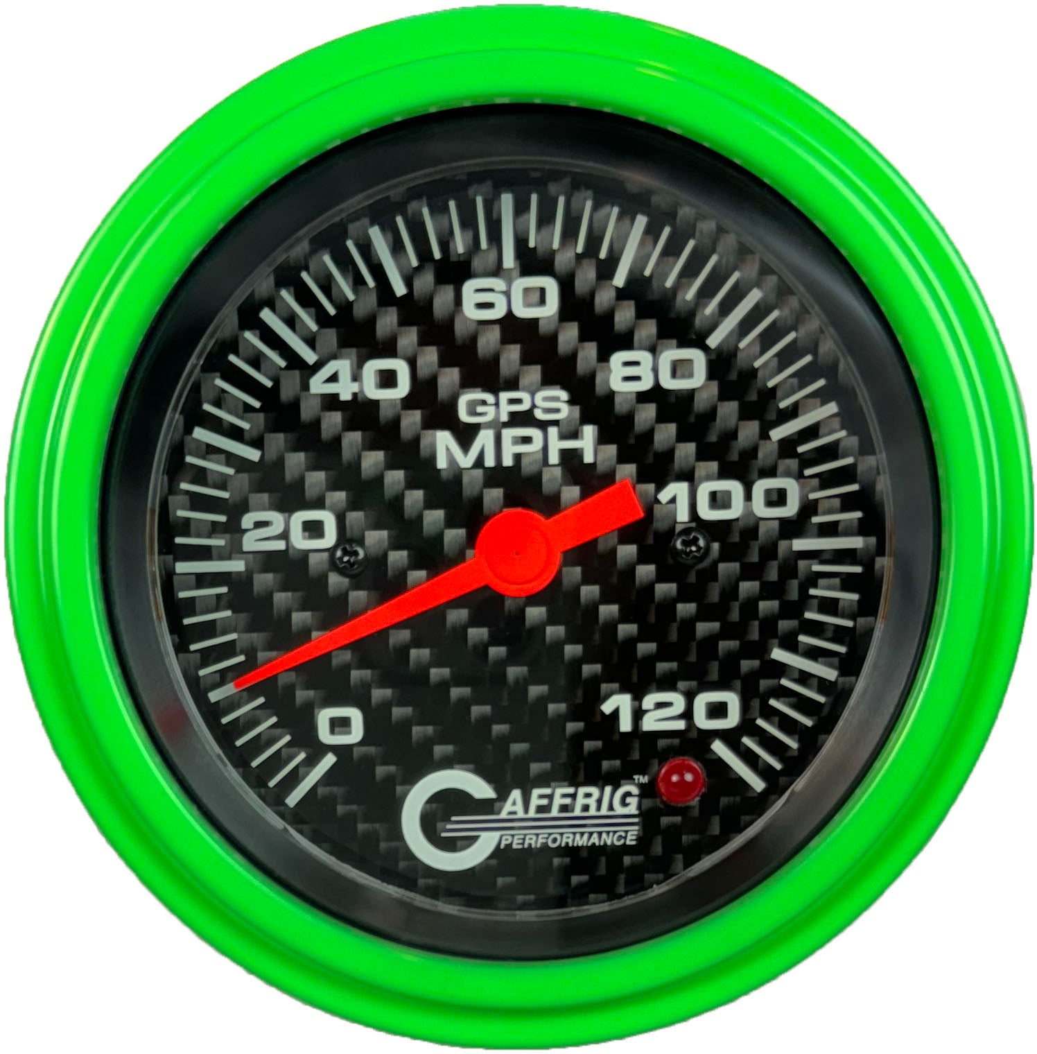 GAFFRIG PART #4055 3 3/8 INCH GPS ANALOG 120 MPH SPEEDOMETER KIT HEAD ONLY CARBON FIBER LIME GREEN / STEP RIM